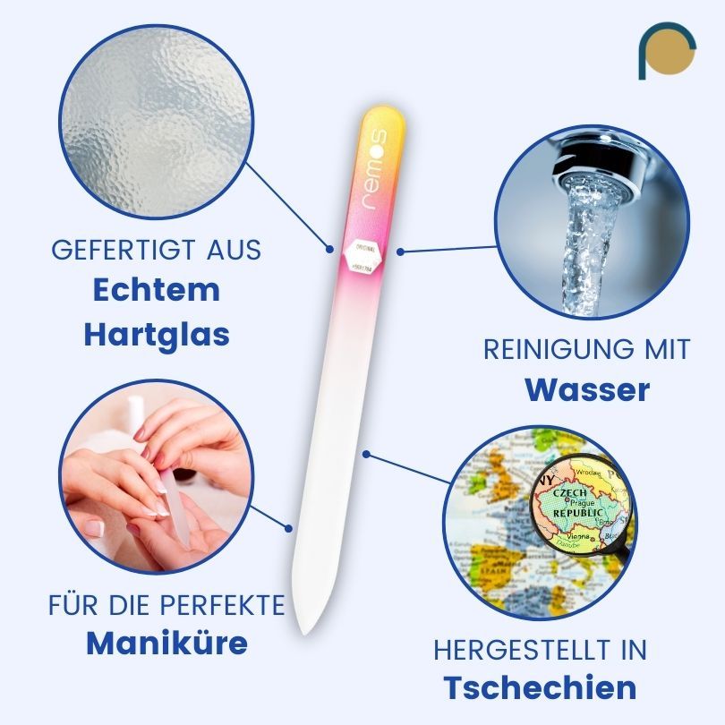 Glasnagelfeile mit Logo. Text: Gefertigt aus echtem Hartglas, Reinigung mit Wasser, für perfekte Maniküre, hergestellt in Tschechien.