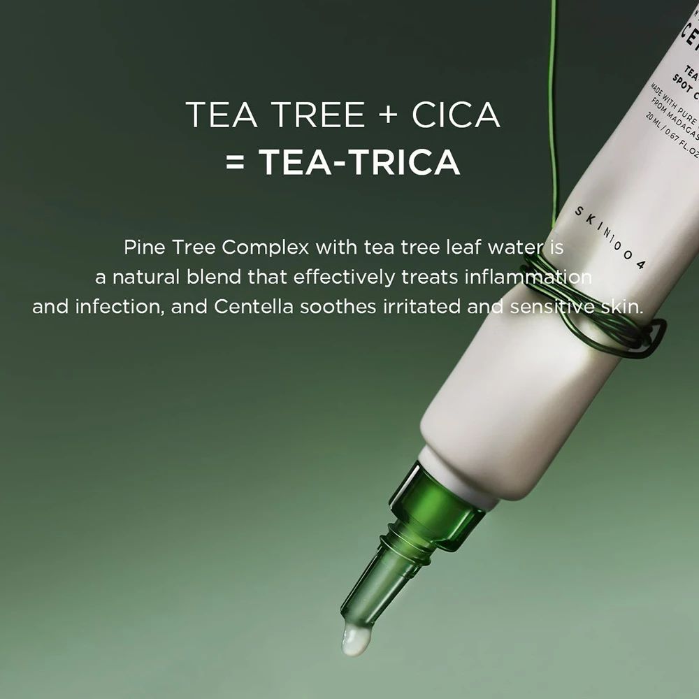 Produkt-Tube mit Text: TEA TREE + CICA = TEA-TRICA. Tropfen Flüssigkeit. Text: SKIN1004.