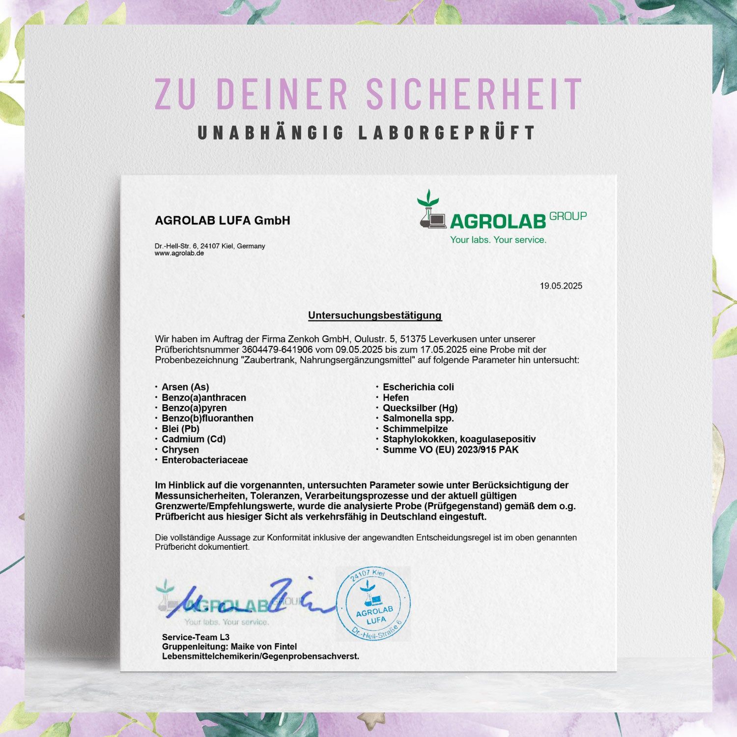 Zertifikat von Agrolab LUFA GmbH. Text: "Zu Deiner Sicherheit unabhängig laborgeprüft".