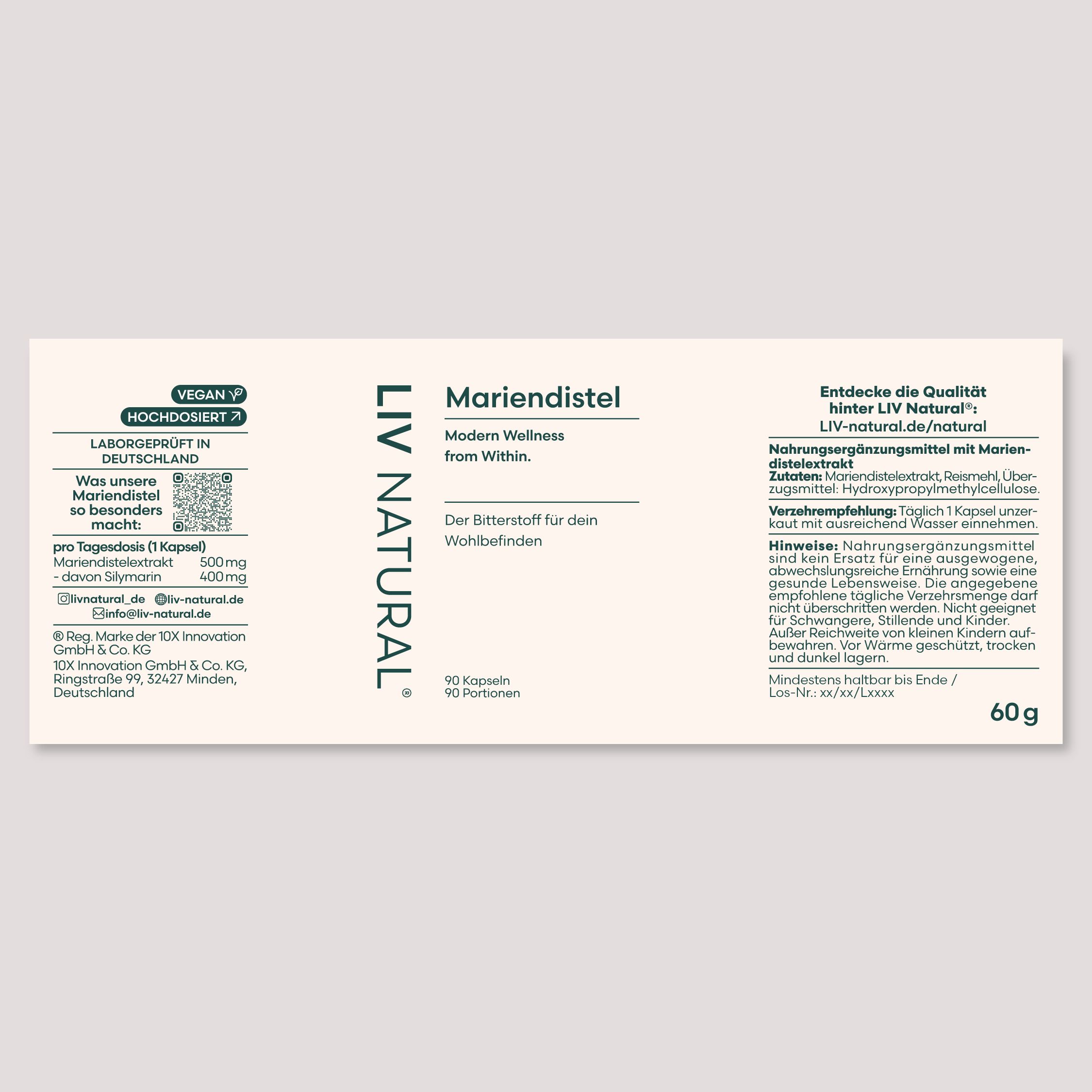 Produktverpackung mit Text. Enthält Informationen zu Inhaltsstoffen, Dosierung und Hersteller. Vegan-Siegel.