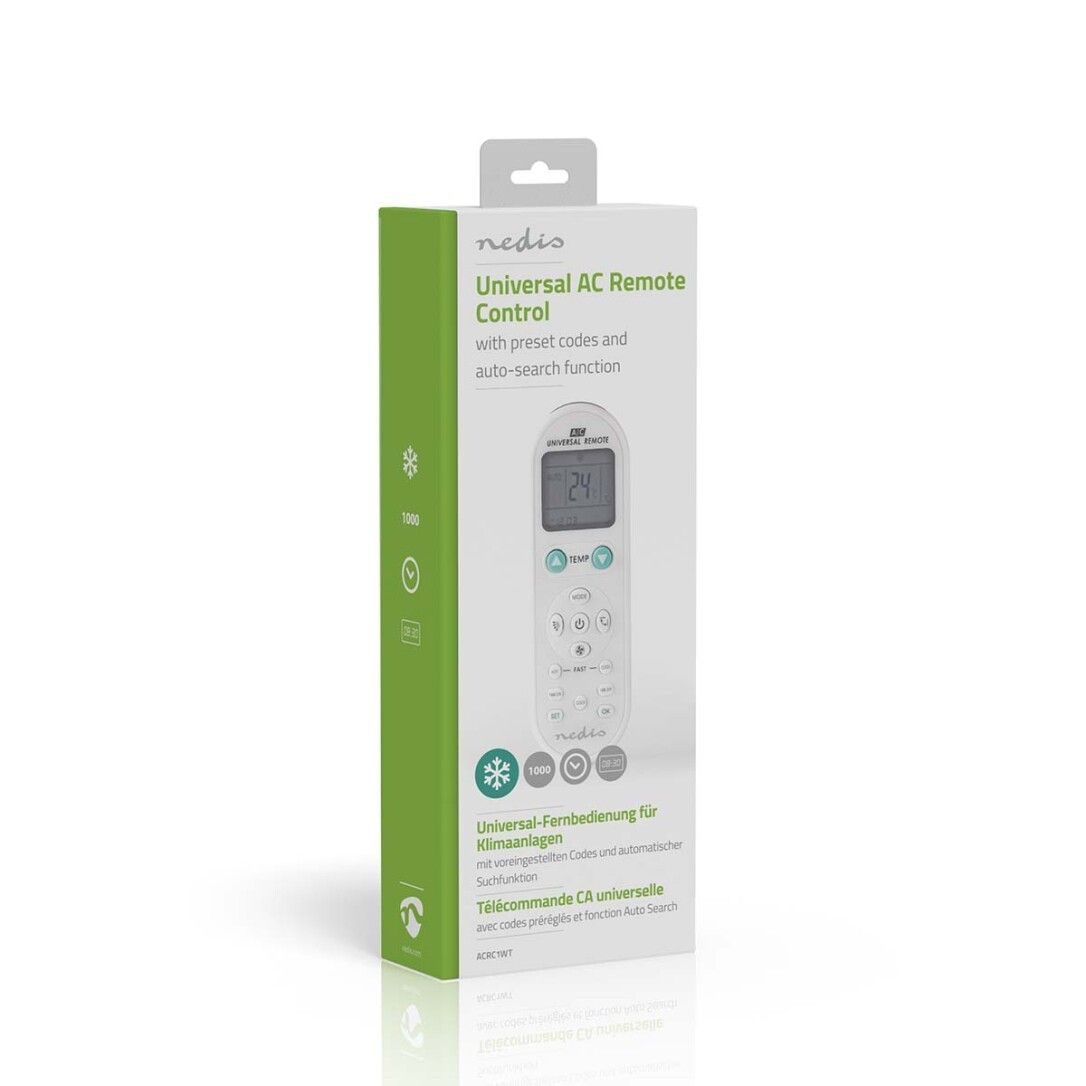 Verpackung der Fernbedienung. Text: Universal AC Remote Control, mit Voreinstellungen und Auto-Suchfunktion. Marke: Nedis.