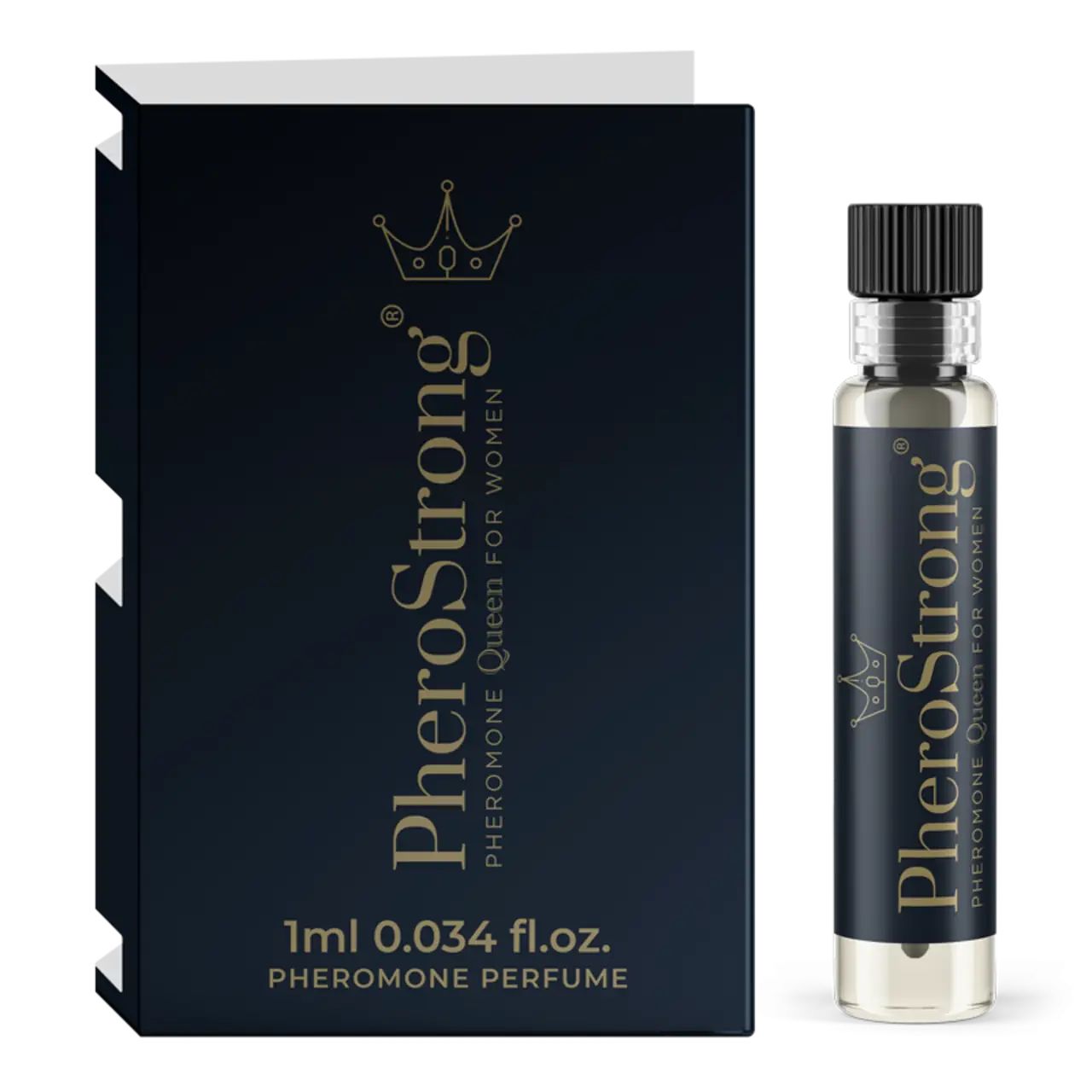 Dunkelblaue Verpackung und Flakon. Goldfarbener Schriftzug: PheroStrong, 1ml, Pheromon-Parfüm. Transparenter Flakon mit schwarzem Verschluss.