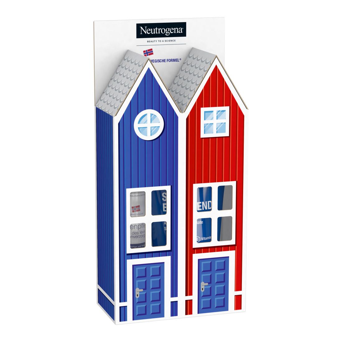 Geschenkverpackung in Hausform, blau und rot. Enthält Lippenpflege und Handcreme. Marke Neutrogena.