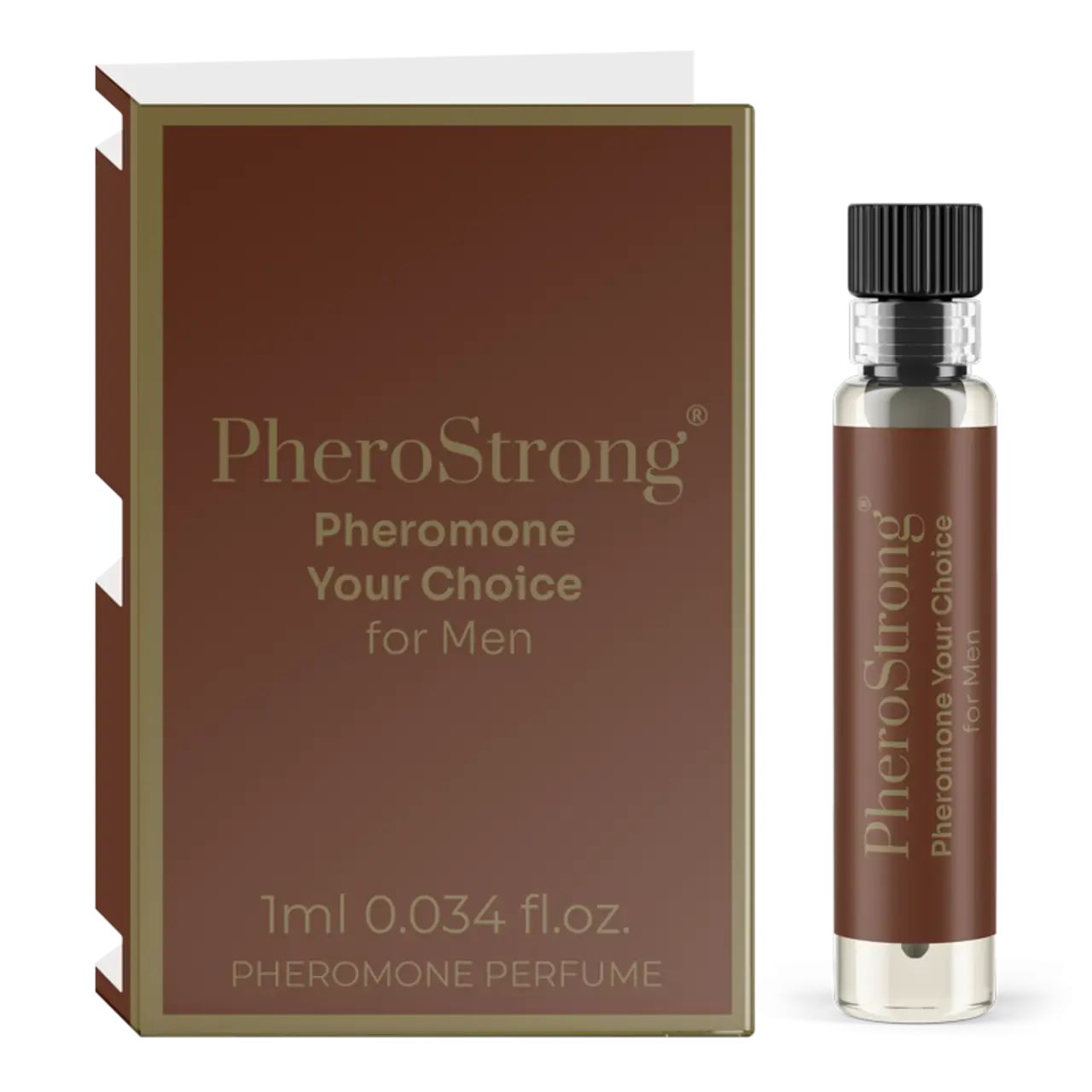 Braune Schachtel und Flakon. Aufschrift: PheroStrong Pheromone Your Choice für Männer. 1ml 0.034 fl.oz. Pheromone Perfume.