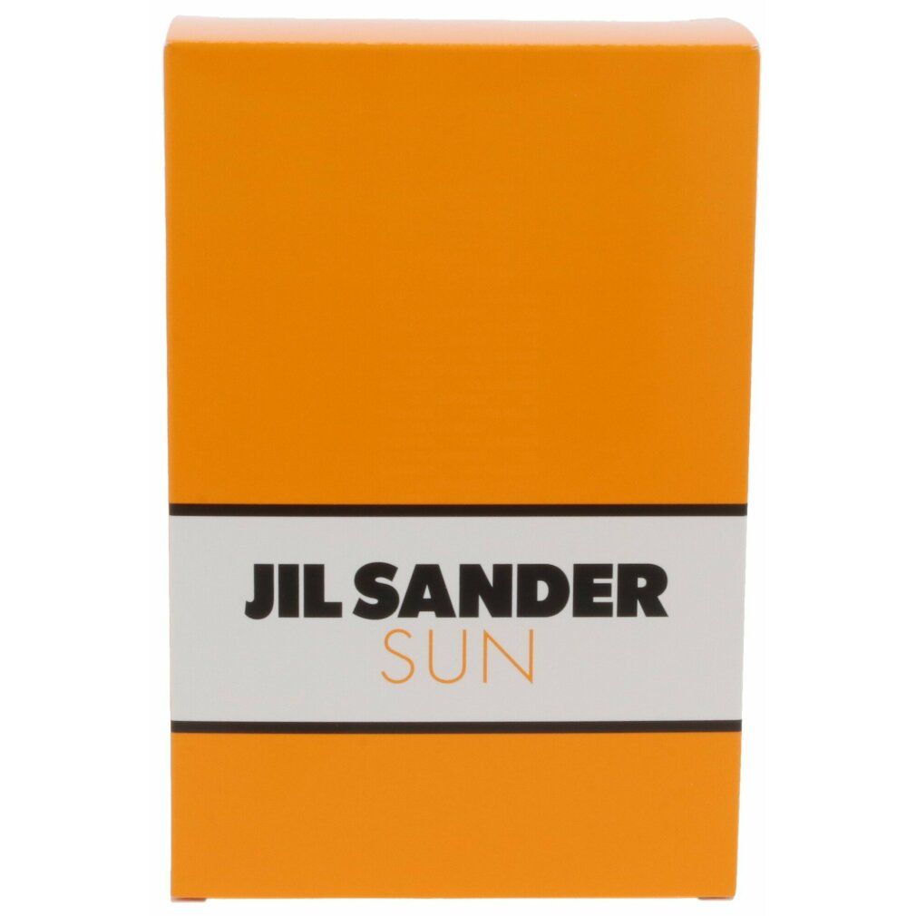 Orangefarbene Verpackung mit weißem Streifen. Schwarzer Schriftzug. Produktname: Jil Sander Sun.