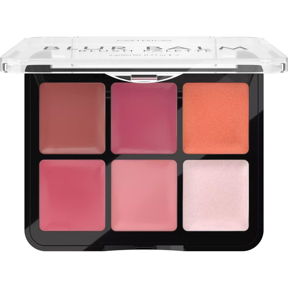 Rouge-Palette Blur Balm mit sechs Farbtönen in einer transparenten Verpackung.
