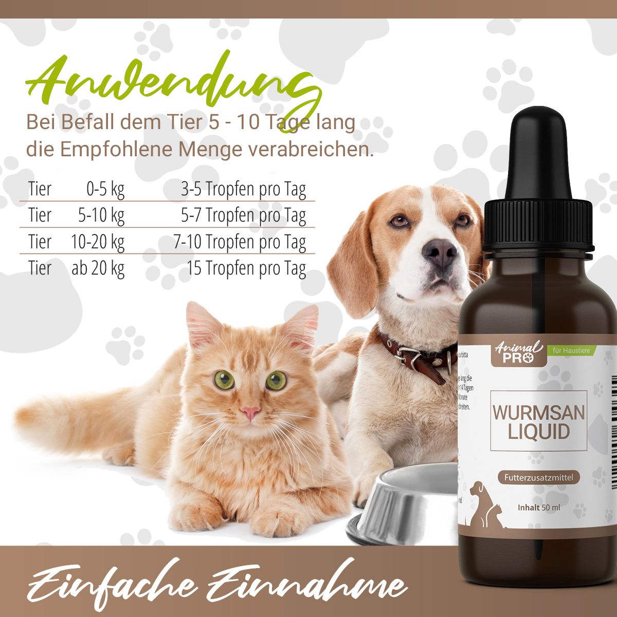 Produktflasche neben Katze und Hund. Anwendungshinweise. Einfache Einnahme.