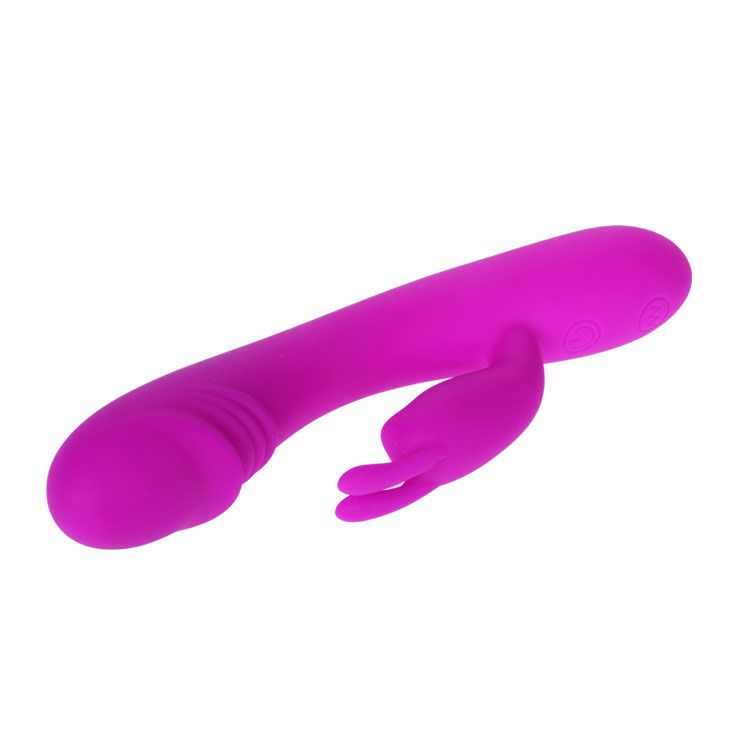 Lila Vibrator mit Kaninchenohren-Design. Längliche Form mit abgerundetem Ende und Bedienknöpfen.