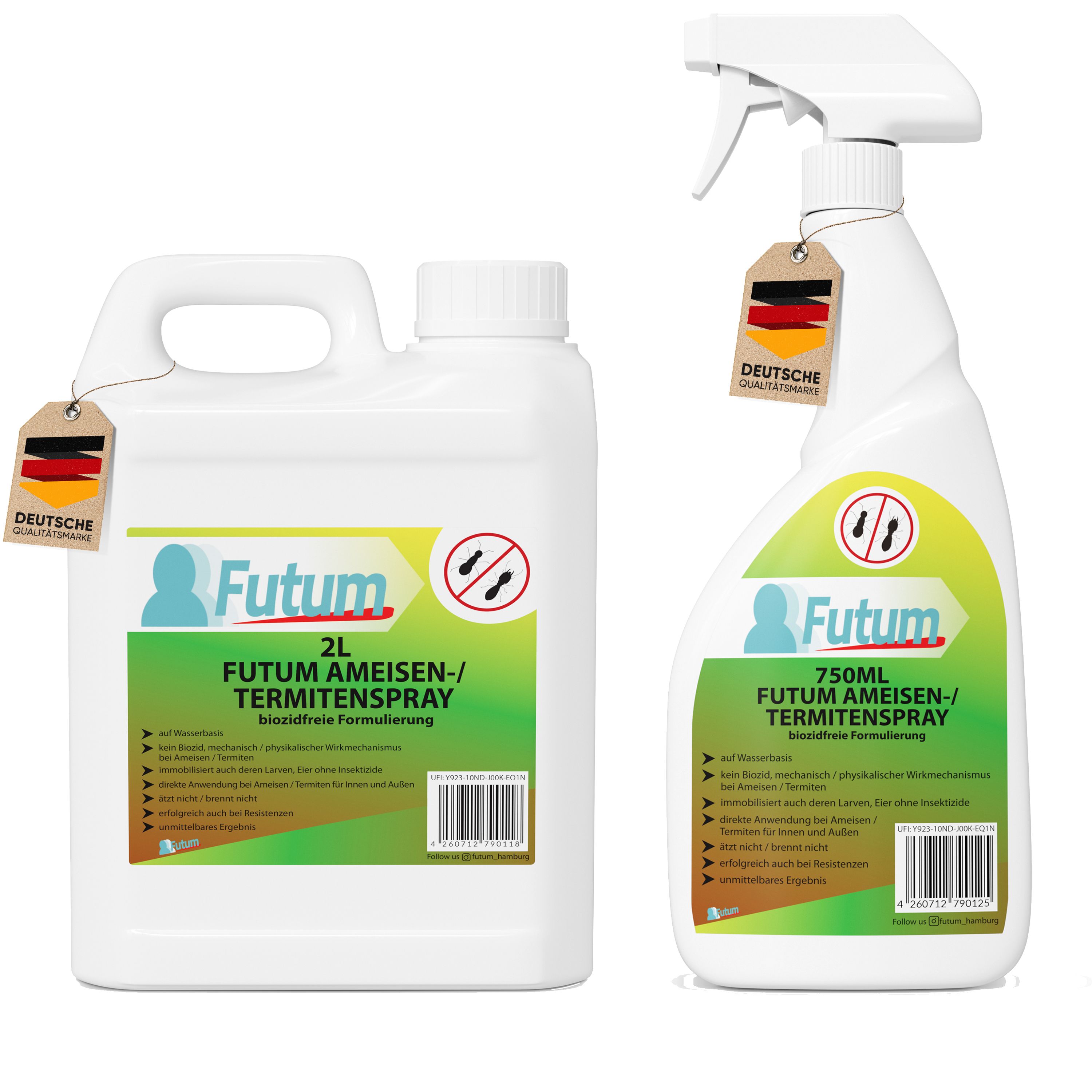 Zwei weiße Flaschen. Eine mit 2L, die andere mit Sprühkopf und 750ml. Beide mit Etiketten und dem Logo "FUTUM". Deutsche Qualitätsmarke.