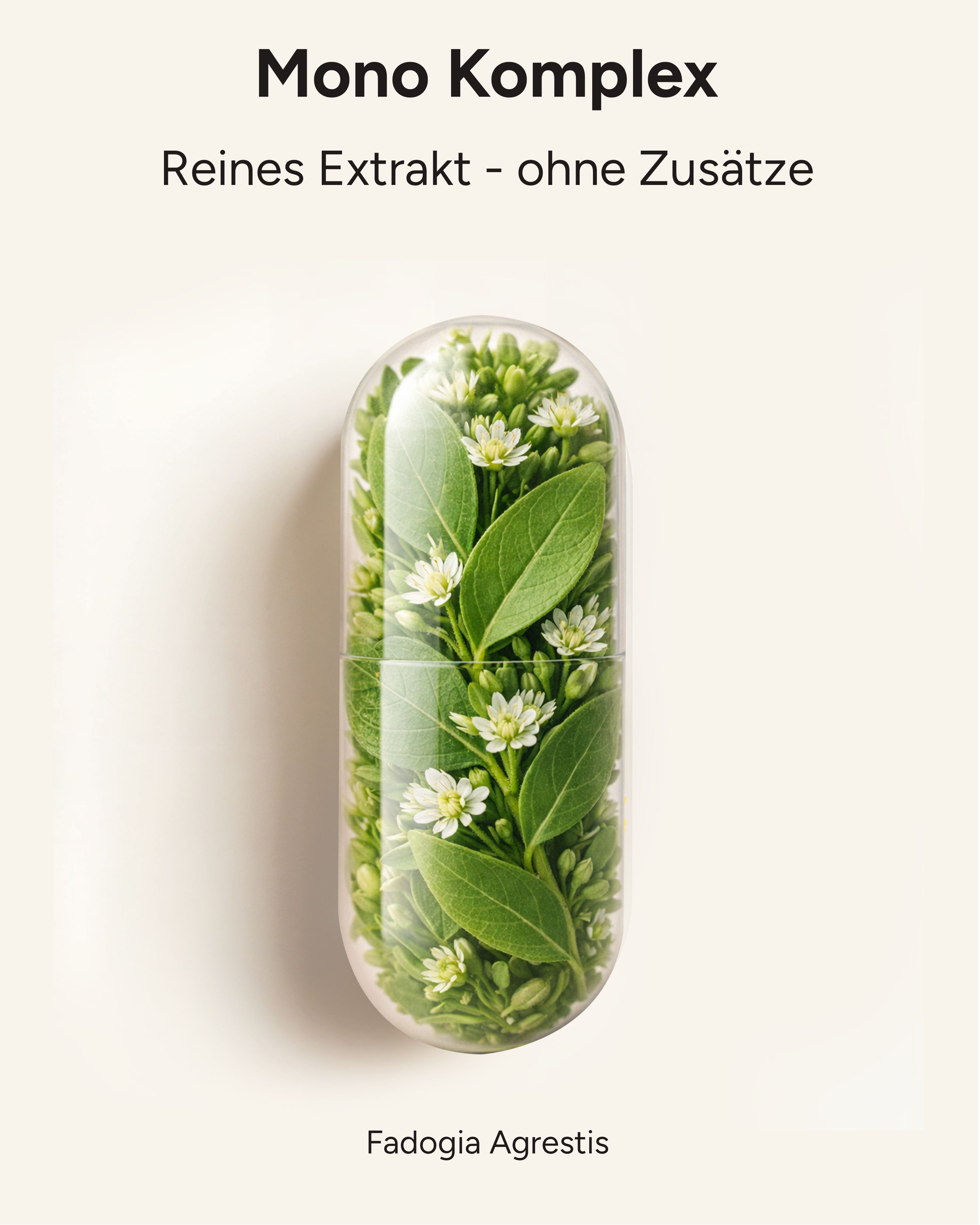 Kapsel mit Pflanzenfüllung. Text: Mono Komplex, Reines Extrakt - ohne Zusätze. Fadogia Agrestis.