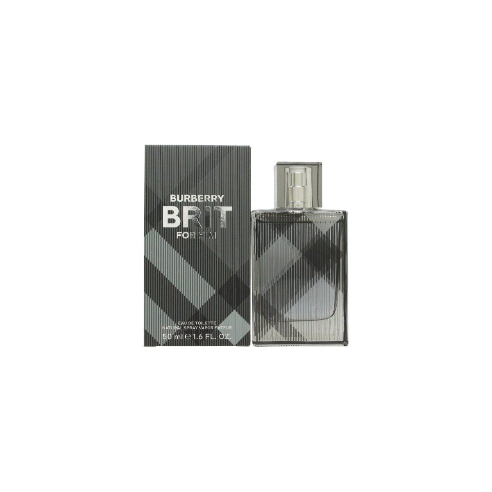 BURBERRY BRIT FOR HIM Flakon und Verpackung. Rechteckiger Flakon mit silbernem Verschluss. Verpackung mit Karo-Muster und Logo.