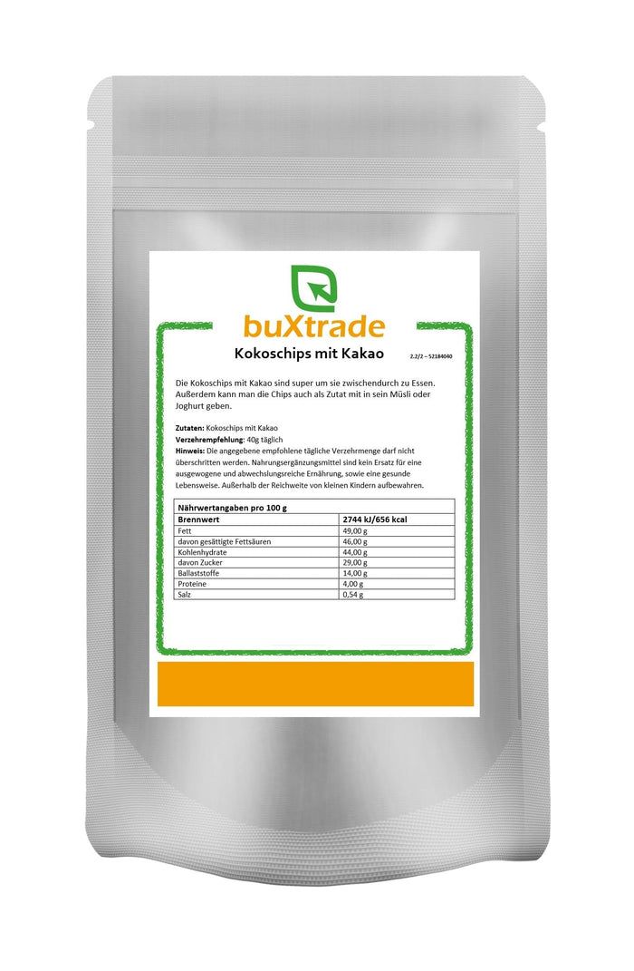 Beutel mit buXtrade Kokoschips mit Kakao. Aufdruck mit Produktinformationen und Nährwertangaben. Weißer Beutel mit grünem Rahmen.