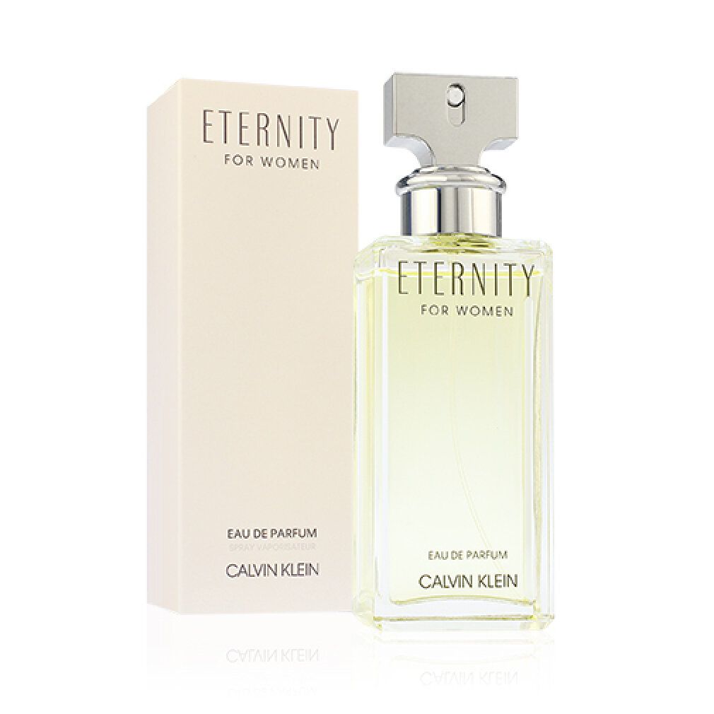 Flakon und Verpackung. Aufschrift 'Eternity for Women', 'Eau de Parfum' und 'Calvin Klein'.