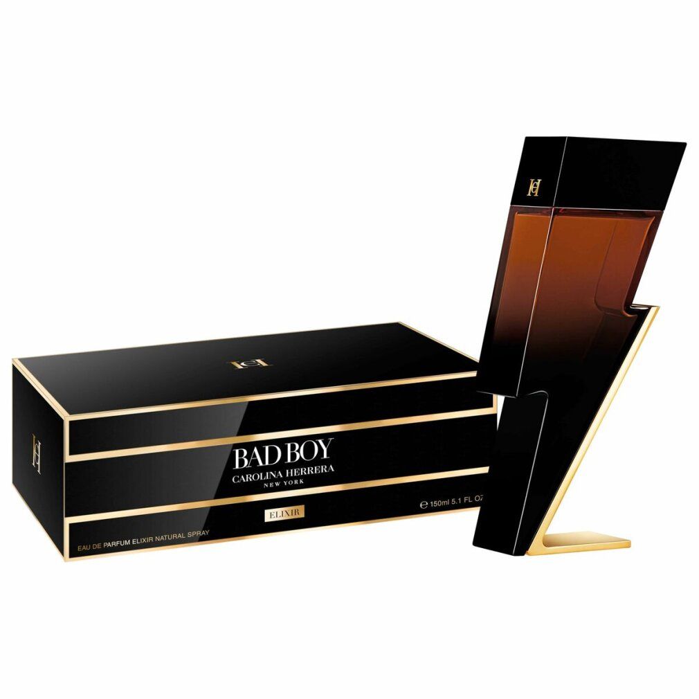 Schwarze rechteckige Schachtel und Blitzförmiger Flakon. Goldene Akzente. Aufschrift: Carolina Herrera, Bad Boy Elixir.