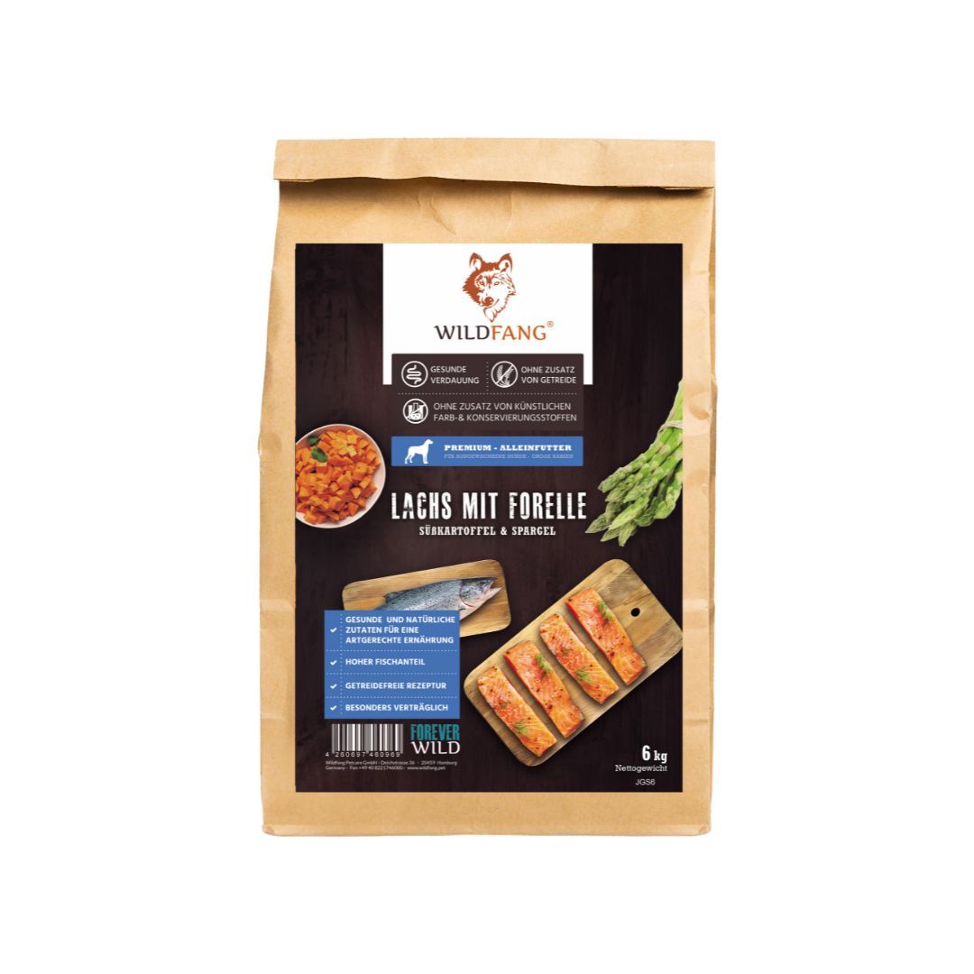 Hundefutter-Beutel. Text: Lachs mit Forelle, getreidefrei, 6 kg. Logo: Wildfang.