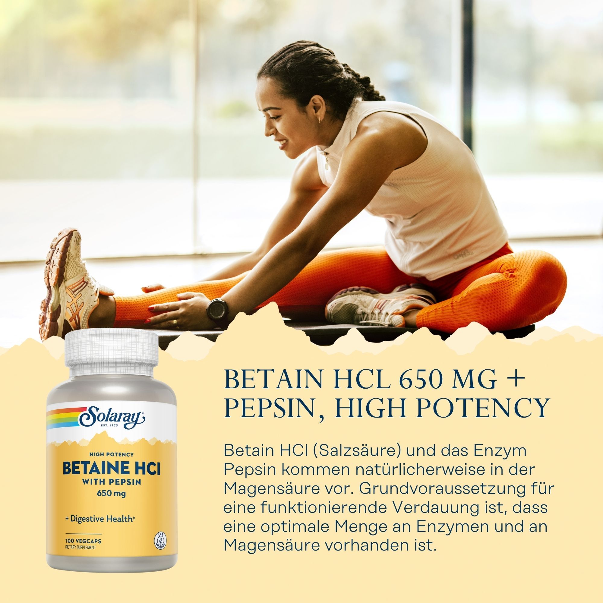 Solaray Betain HCl 650 mg + Pepsin. Gelbe Kapsel-Dose mit weißem Deckel. Frau beim Dehnen. Text: Betain HCl, Pepsin, High Potency.