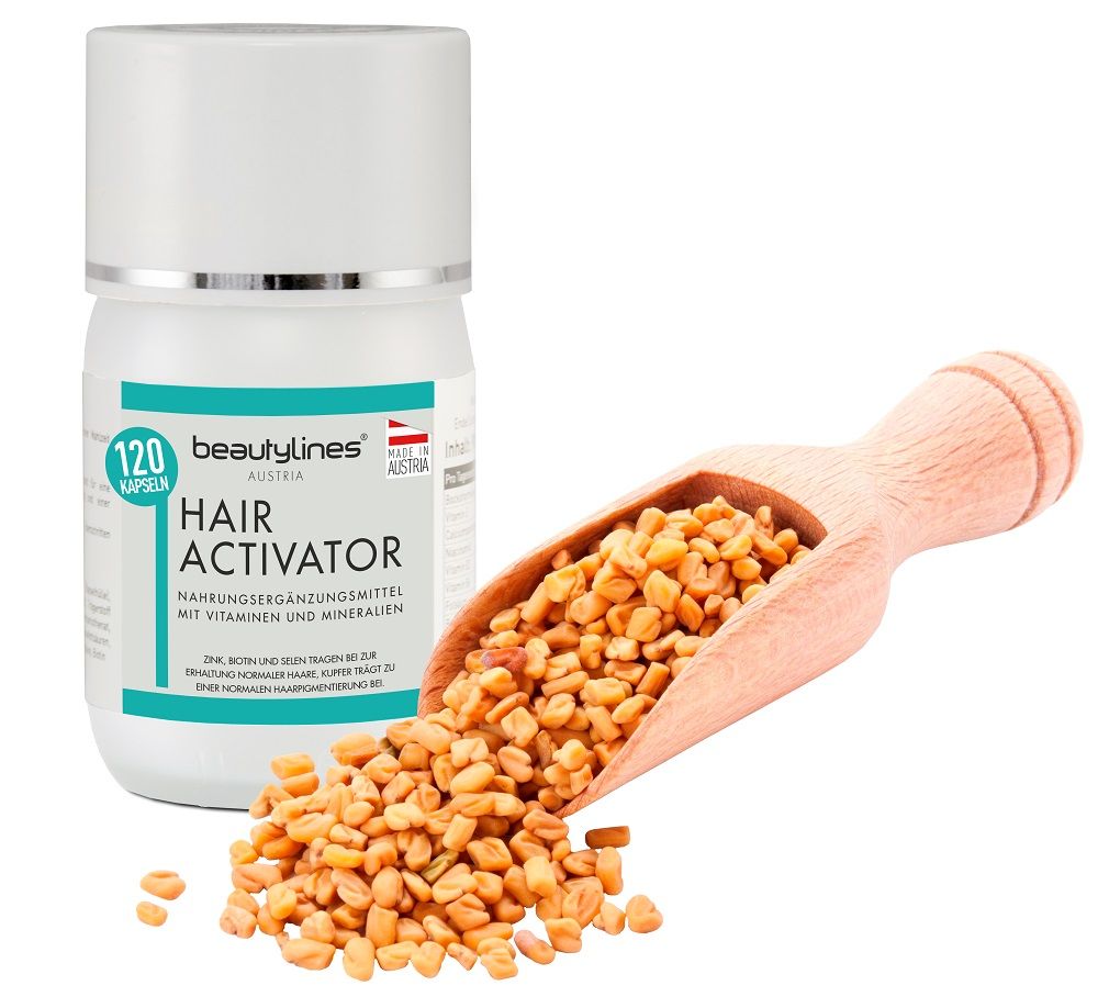 Eine Flasche mit 120 Kapseln und eine Holzschaufel mit Samen. Aufschrift: Hair Activator. Hergestellt in Österreich.