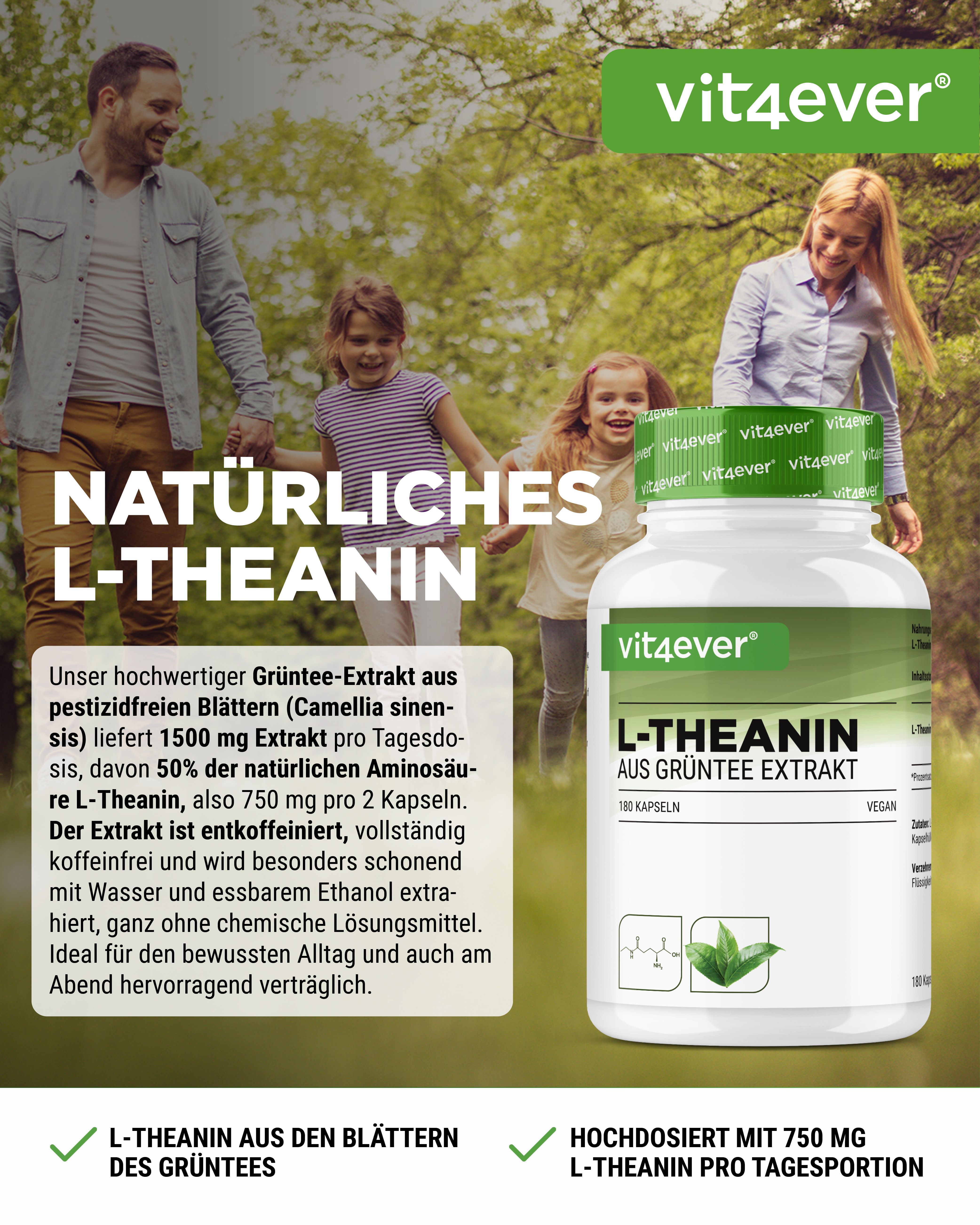 Produktabbildung mit Familie im Hintergrund. Flasche mit vit4ever L-Theanin aus Grüntee Extrakt. 180 Kapseln. Vegan.