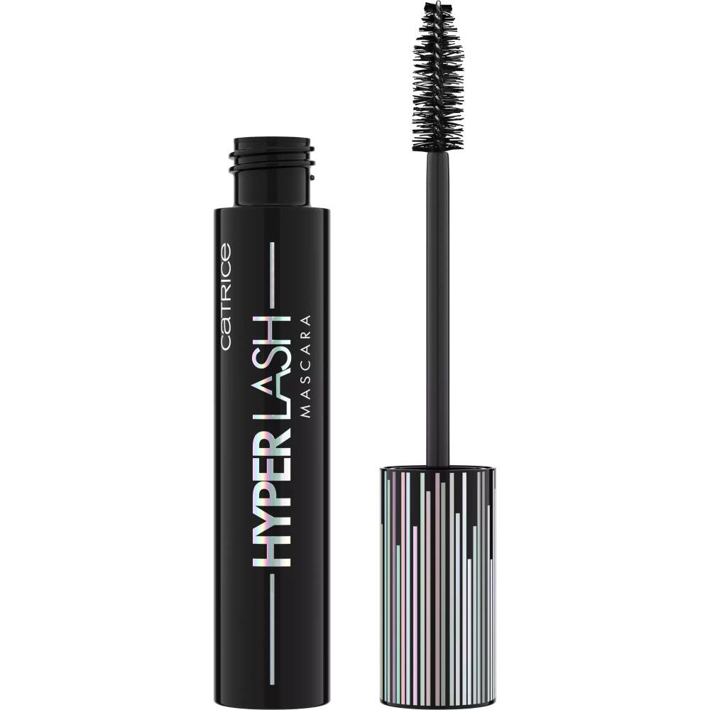 Schwarze Mascara-Tube mit geöffneter Bürste. Aufschrift: Hyper Lash Mascara. Bürste mit Borsten.