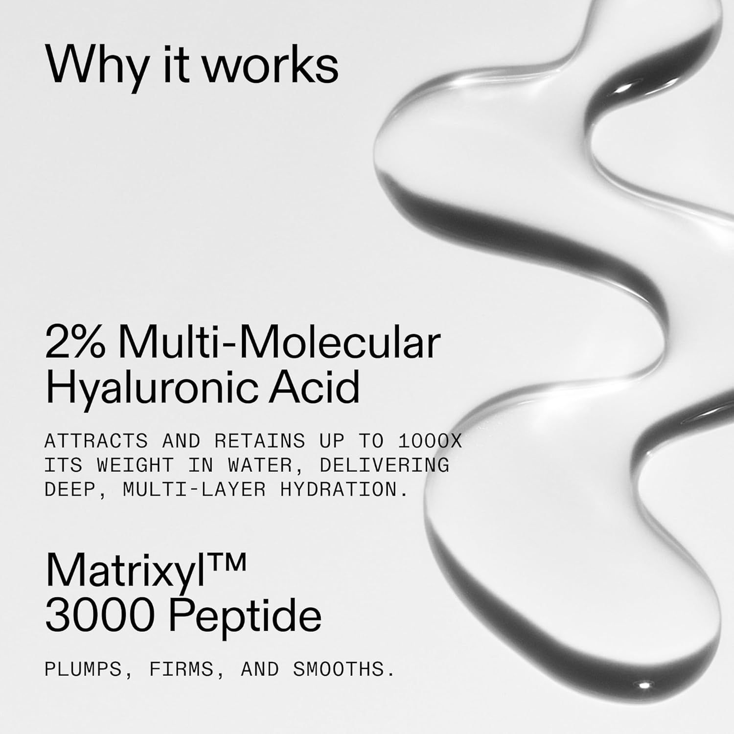 Text: Warum es funktioniert. 2% Multi-Molekular Hyaluronsäure. Matrixyl 3000 Peptid. Zieht Wasser an, spendet Feuchtigkeit.