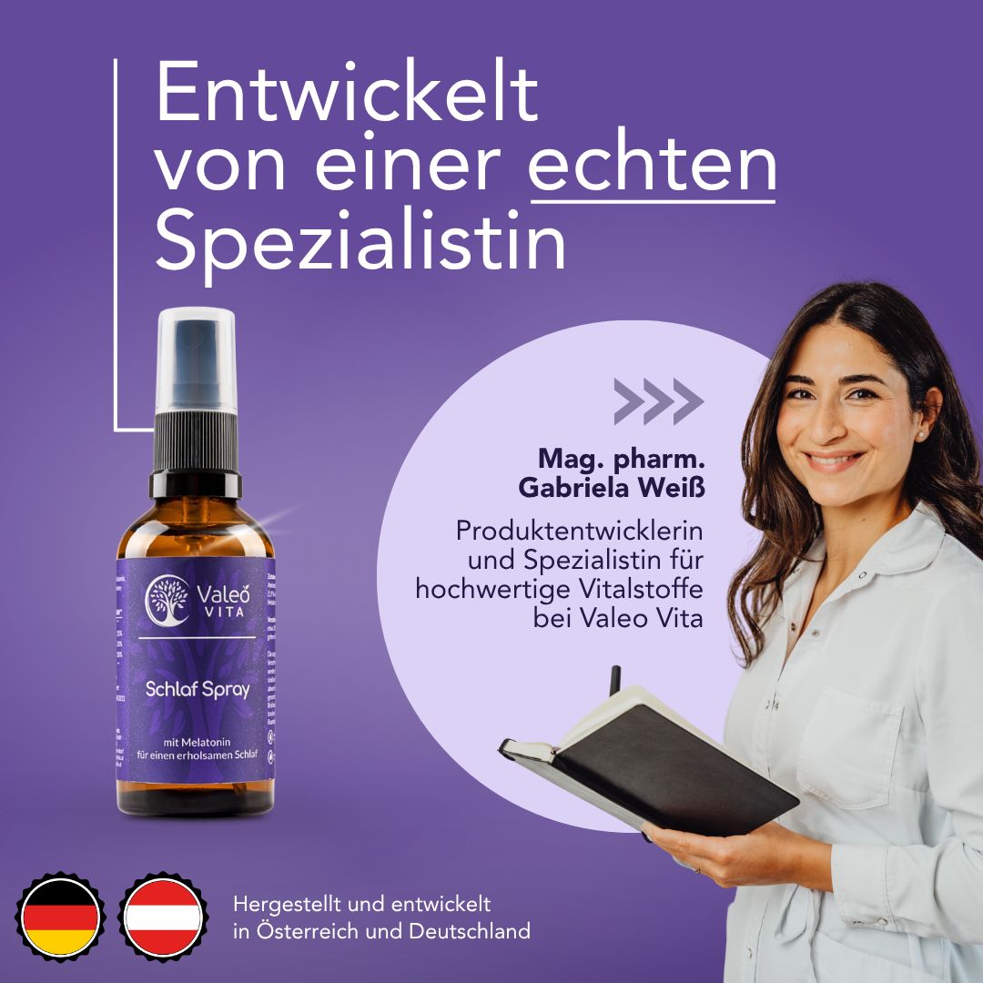 Produktflasche neben Frau mit Notizbuch. Text: Entwickelt von einer Spezialistin. Hergestellt in Österreich und Deutschland.