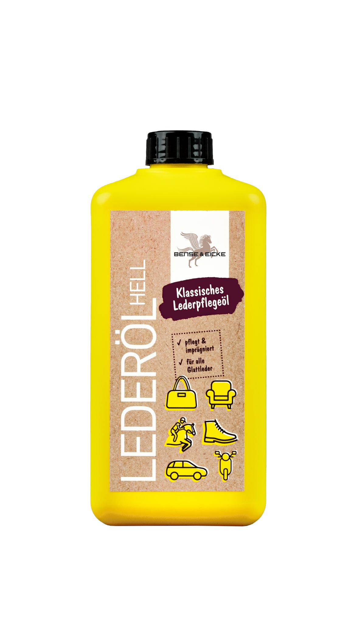 Gelbe Flasche mit schwarzem Deckel. Etikett mit Produktname, Logo und Illustrationen von Lederwaren.