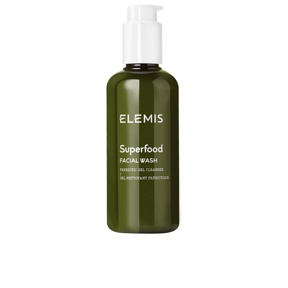 Grüne Flasche mit weißem Pumpverschluss. Elemis Superfood Facial Wash, Prebiotic Gel Cleanser.