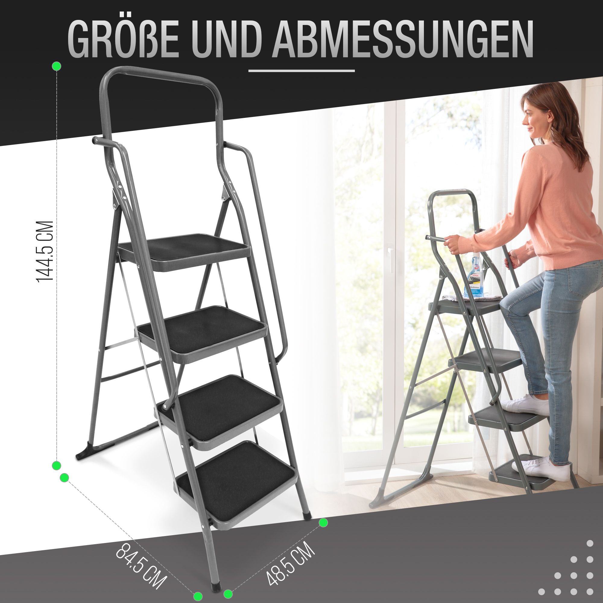 ELONEO Stehleiter 4 Stufen extra dicke Handläufe, rutschsichere & große Trittflächen