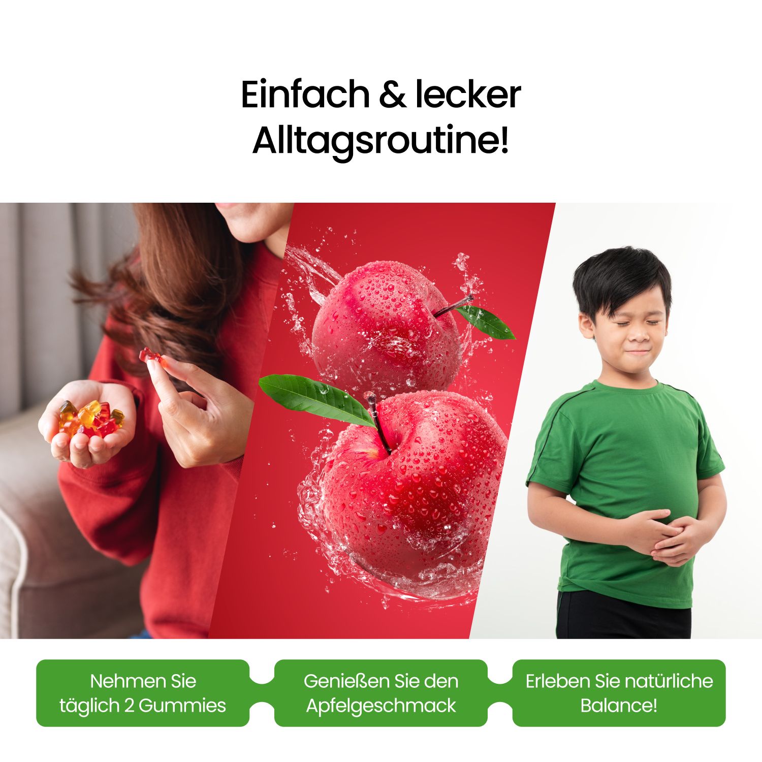 Collage: Frau mit Gummibärchen, Äpfel, Junge. Text: Einfach & lecker.