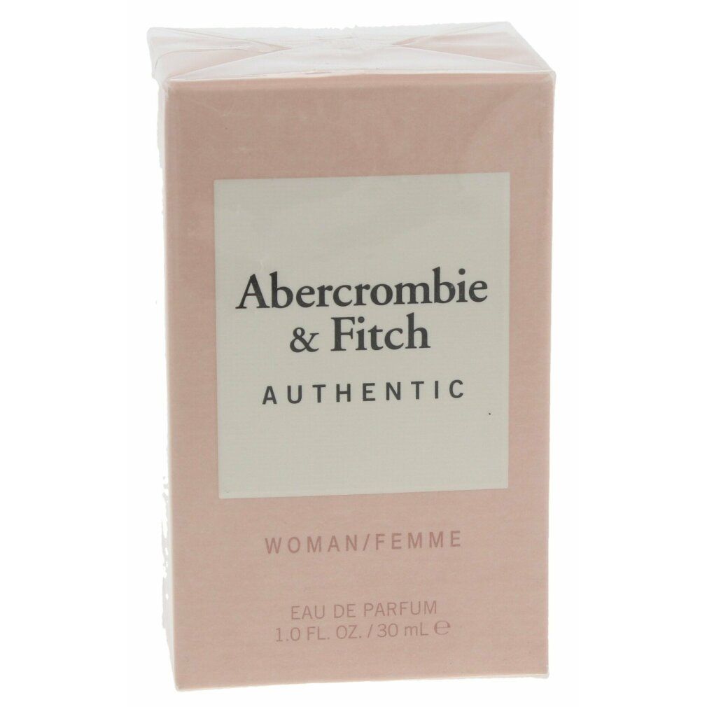 Verpackung mit "Abercrombie & Fitch AUTHENTIC". Aufschrift: WOMAN/FEMME, Eau de Parfum.