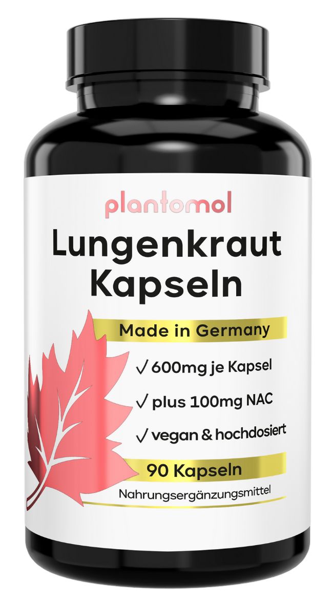 Schwarze Flasche mit weißen Etikett. Aufschrift: plantomol Lungenkraut Kapseln. Enthält 90 Kapseln. Made in Germany. Vegan.