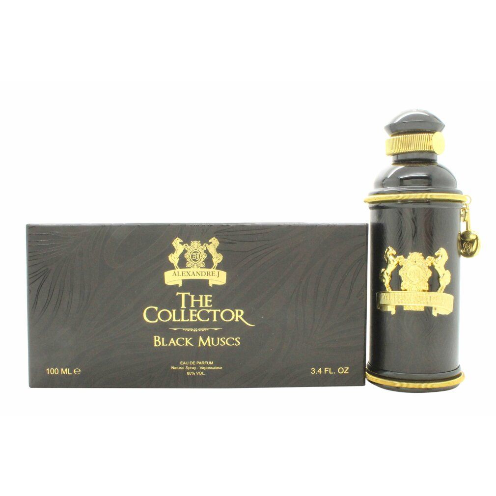 Schwarze Flasche mit goldfarbenen Verzierungen und Verpackung. Aufschrift: The Collector, Black Muscs.