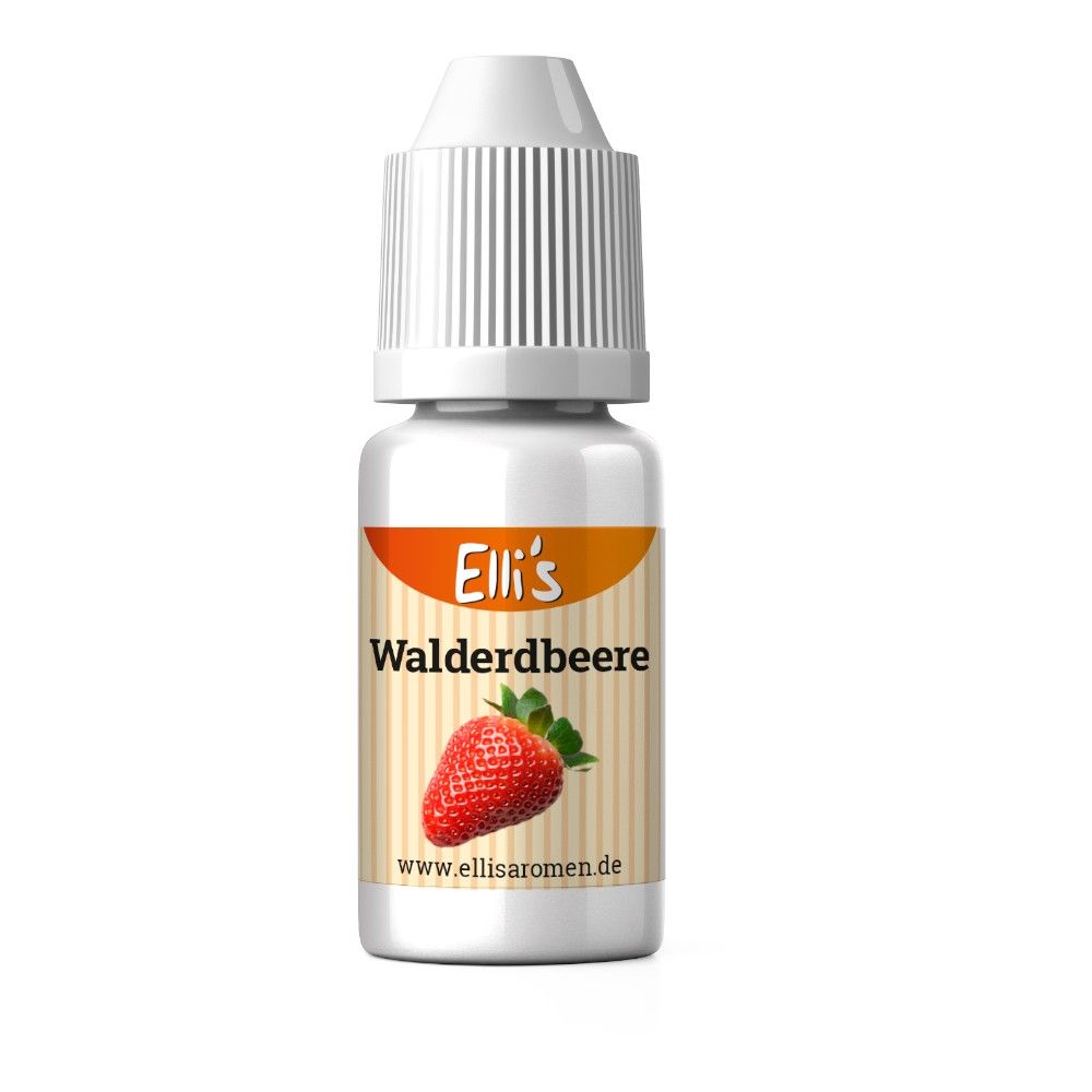 Fläschchen mit weißem Deckel, Etikett mit Erdbeere und Schriftzug 'Elli's Walderdbeere'.