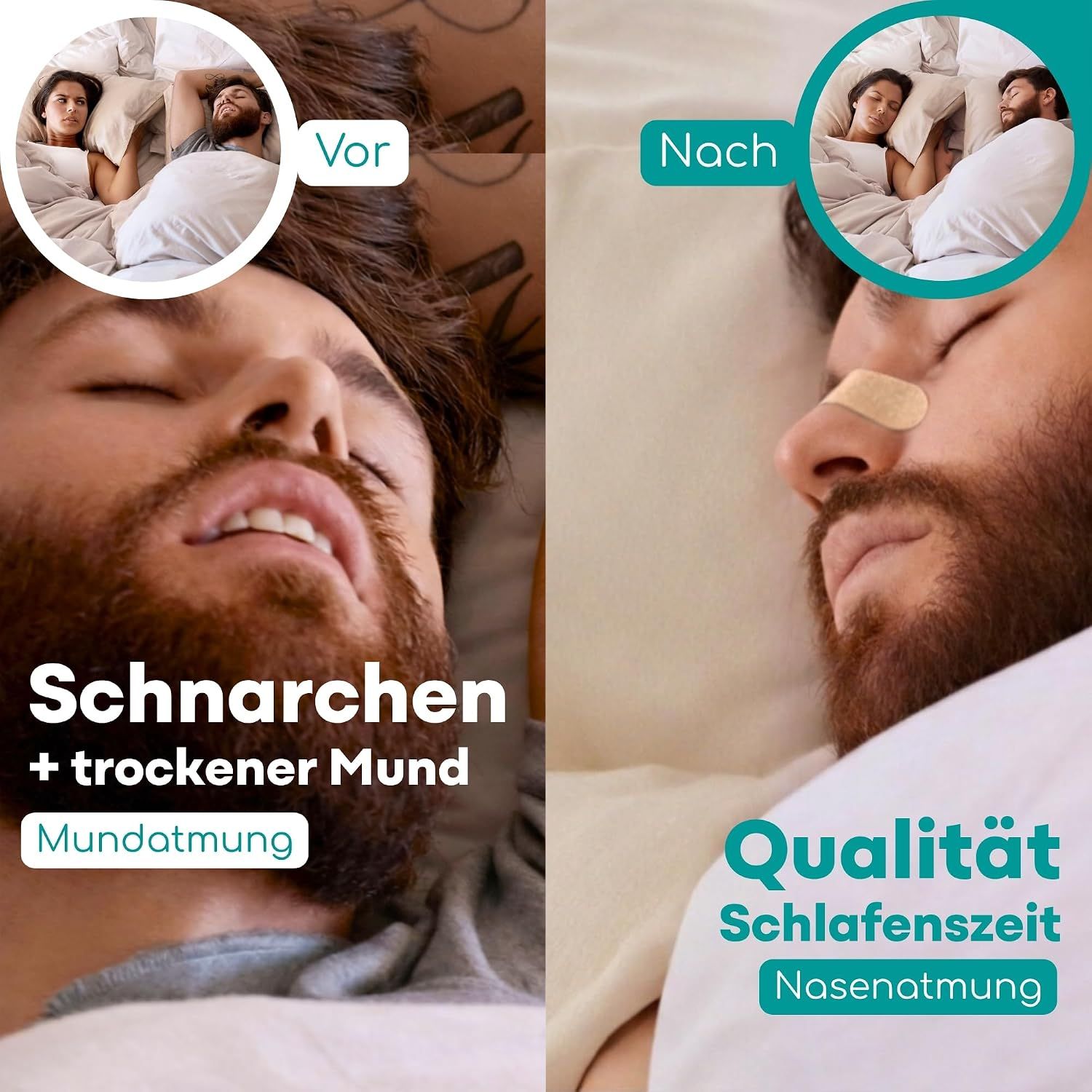 Vergleich: Schnarchen und Mundatmung (links) vs. Nasenatmung (rechts) mit Nasenstrip.