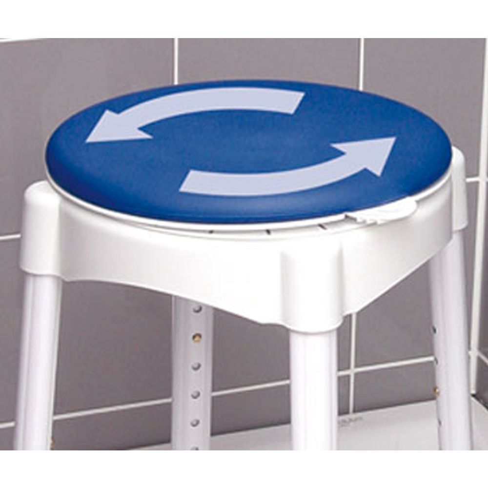 Drehbarer Duschhocker-Sitz mit blauer Auflage und Pfeilsymbolen für Rotation.