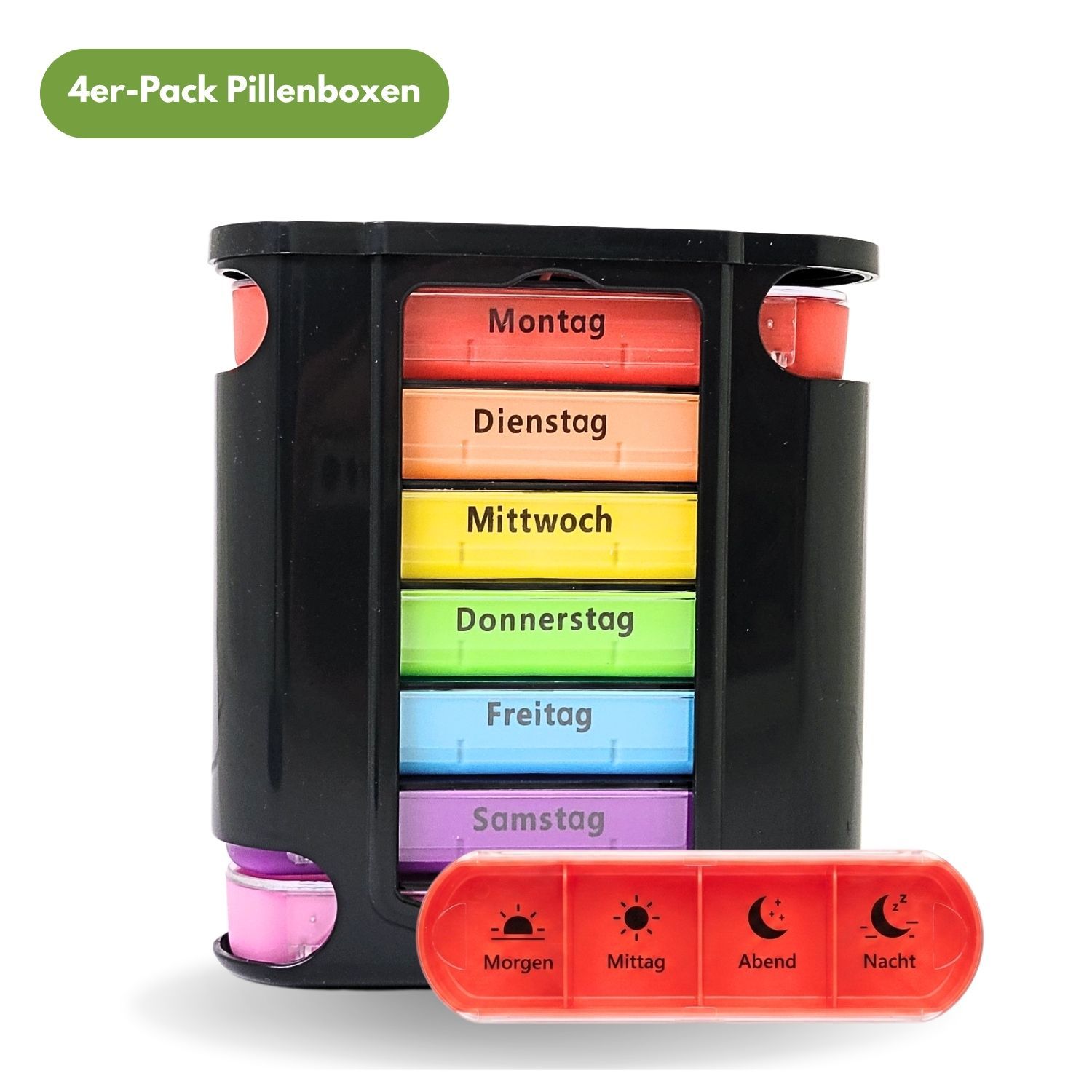 Pillenbox mit 7 Fächern für die Wochentage. Schwarzes Gehäuse mit farbigen Deckeln. Zusätzliche Box mit 4 Fächern.