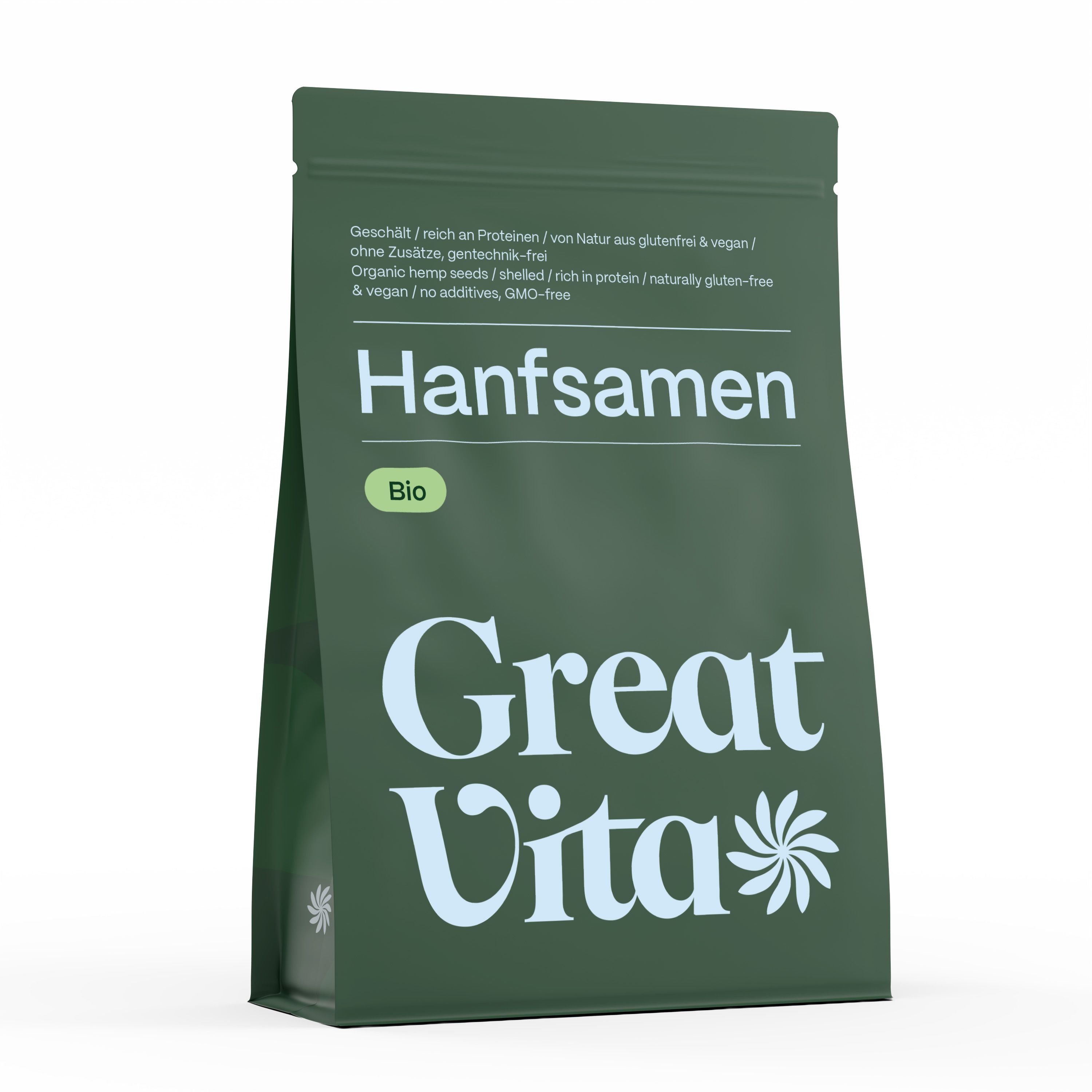Grüne Verpackung von Great Vita Bio Hanfsamen. Enthält Produktnamen, Bio-Logo und Text.