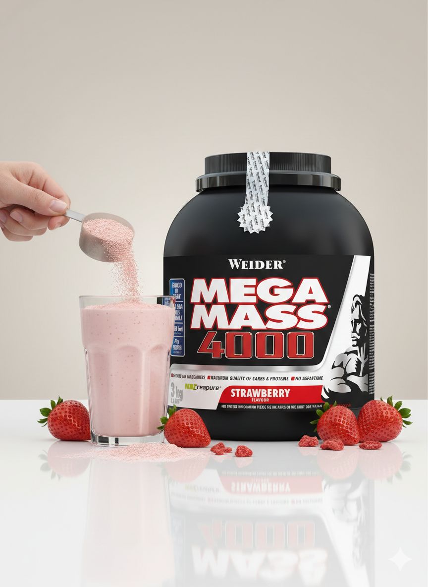 Weider Mega Mass 4000 Erdbeergeschmack: Pulver wird in Glas geschüttet, Erdbeeren daneben.