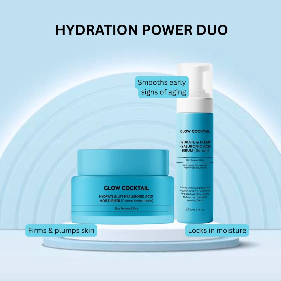 Zwei blaue Kosmetikprodukte auf Podest. Aufschrift: Glow Cocktail, Hydrate & Lift Hyaluronsäure. Text: Hydration Power Duo.