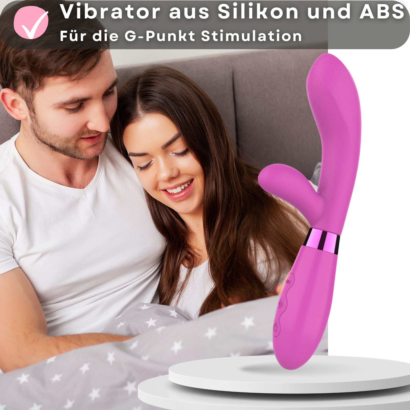 Rosa Vibrator, Silikon und ABS. G-Punkt-Stimulation. Paar im Hintergrund. Auf Podest. 10 Modi. USB. 20cm, 3,5cm.