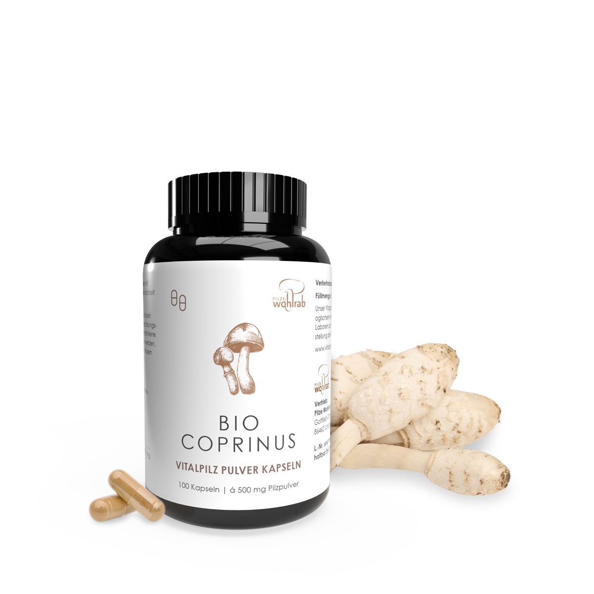 Schwarze Flasche mit Kapseln. Aufschrift: BIO Coprinus Vitalpilz Pulverkapseln. Daneben Pilze.