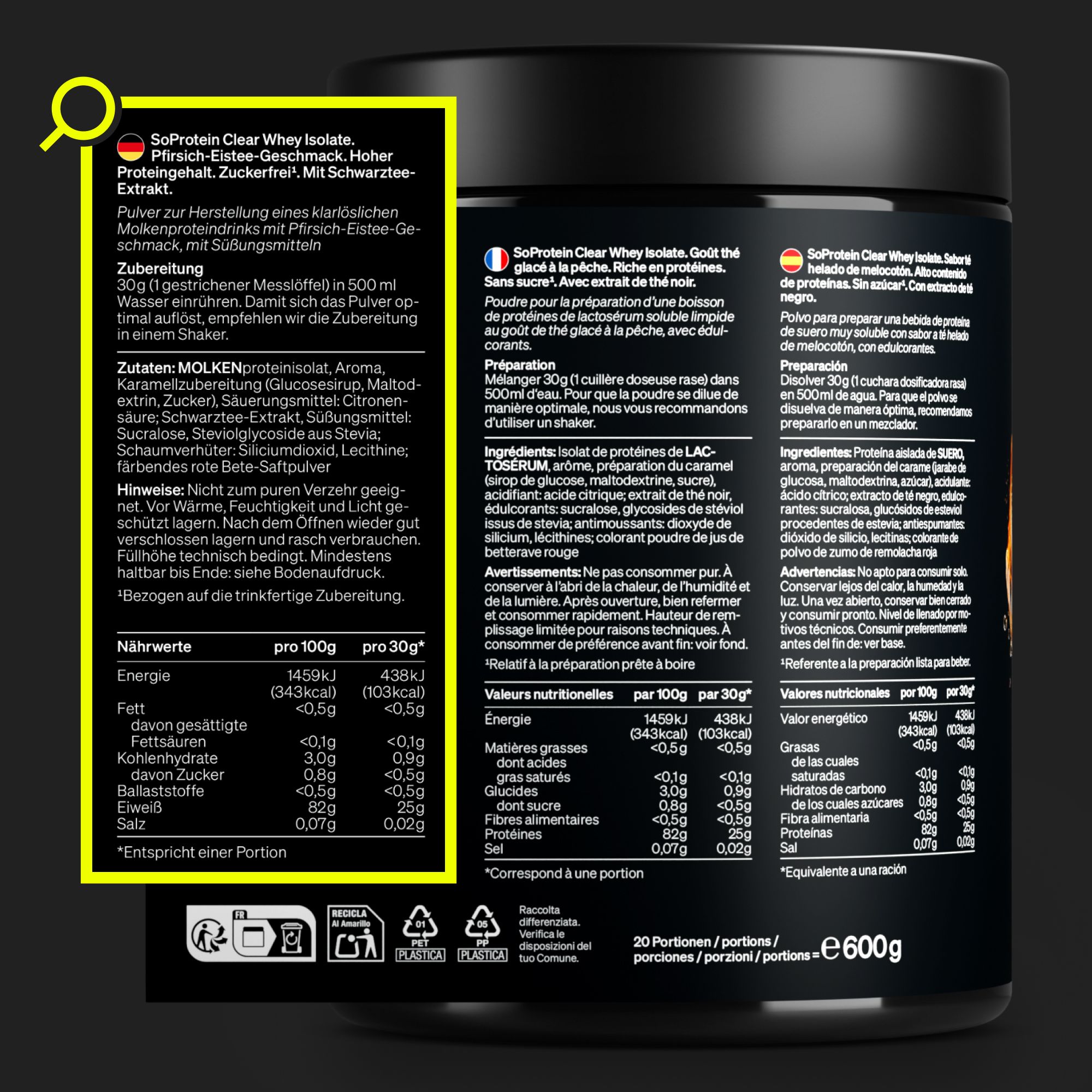 Produktetikett mit Text: SoProtein Clear Whey Isolate, Pfirsich-Eistee-Geschmack. Nährwertangaben, Zutatenliste, Zubereitungshinweise.