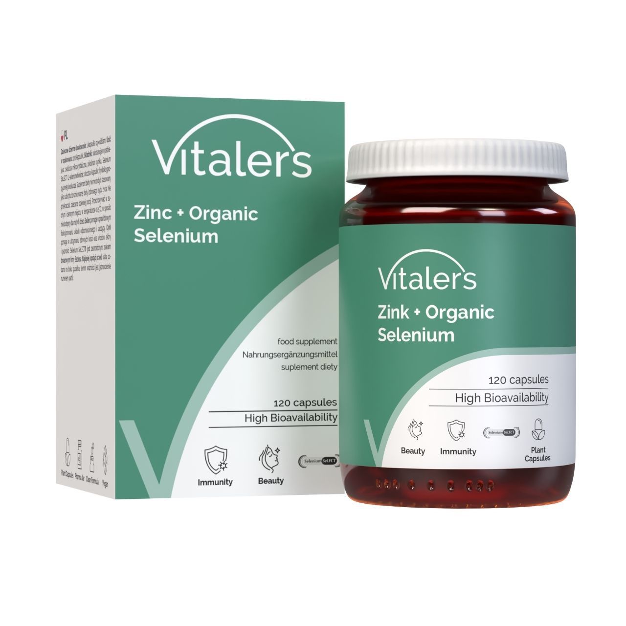 Vitaler's Zink + Organisches Selen Kapseldose und Kartonverpackung. 120 Kapseln, hohe Bioverfügbarkeit.