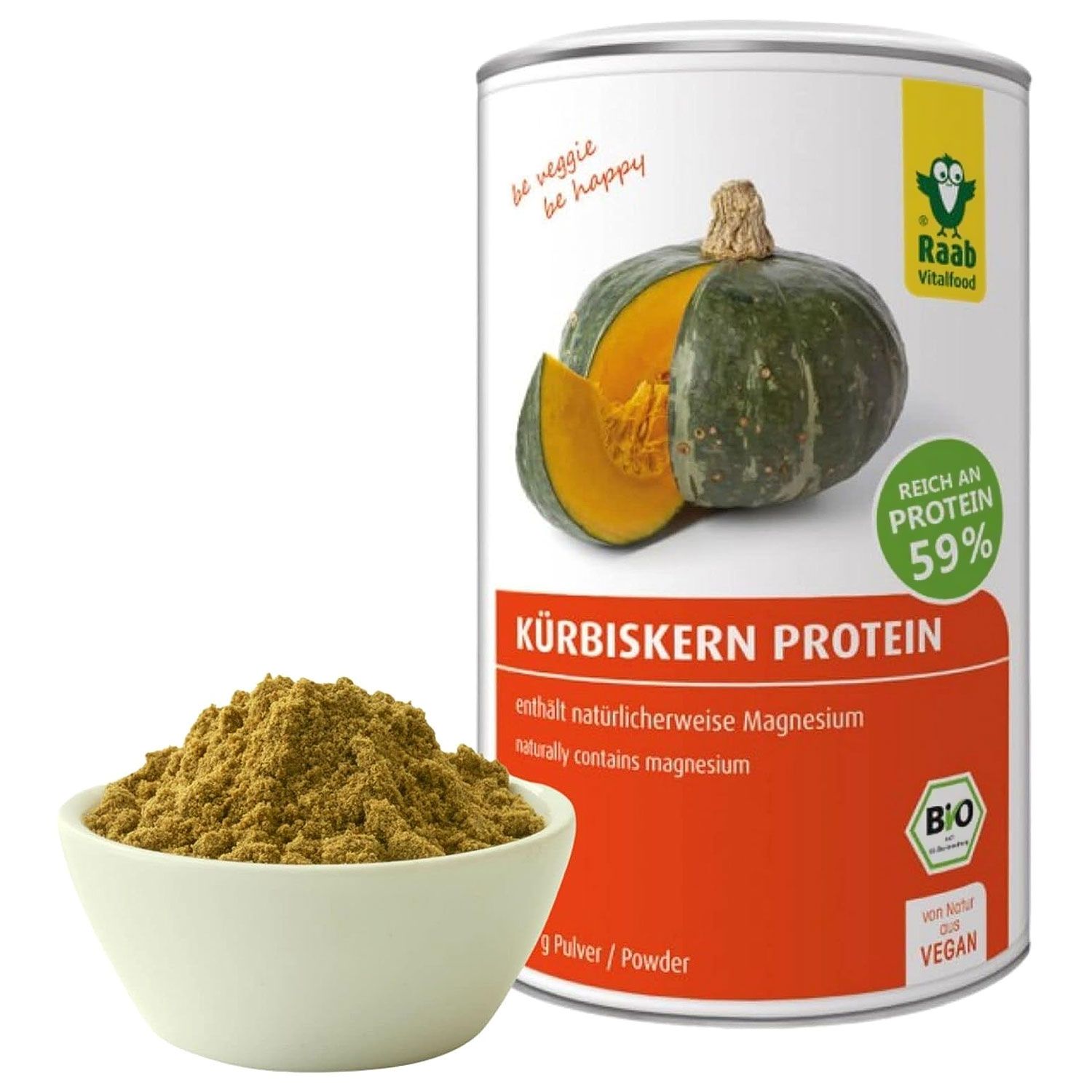 Dose mit Kürbiskern Protein, Kürbis-Abbildung. Aufschrift: Reich an Protein 59%, BIO, vegan. Schale mit Pulver.