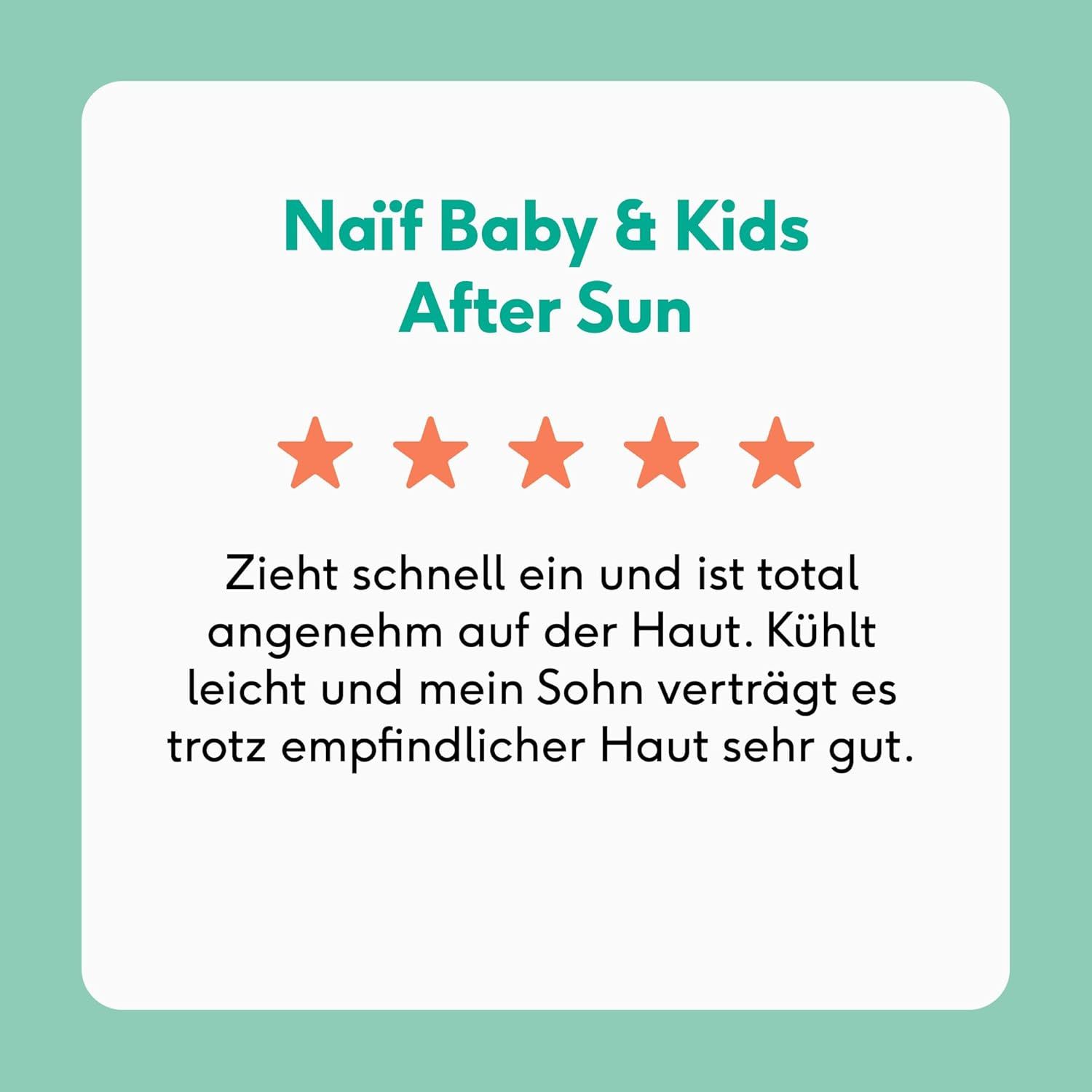 Produktbewertung. Text: Naïf Baby & Kids After Sun. 5 Sterne. Zieht schnell ein und ist angenehm.