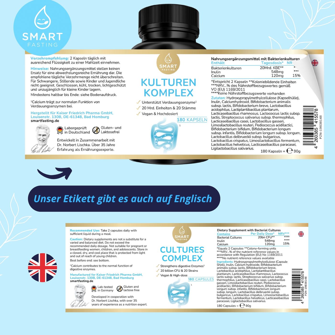 Smart Fasting® Probiotika Kulturen Komplex - vegan - 20 Bakterienstämme - mit Calcium & Inulin