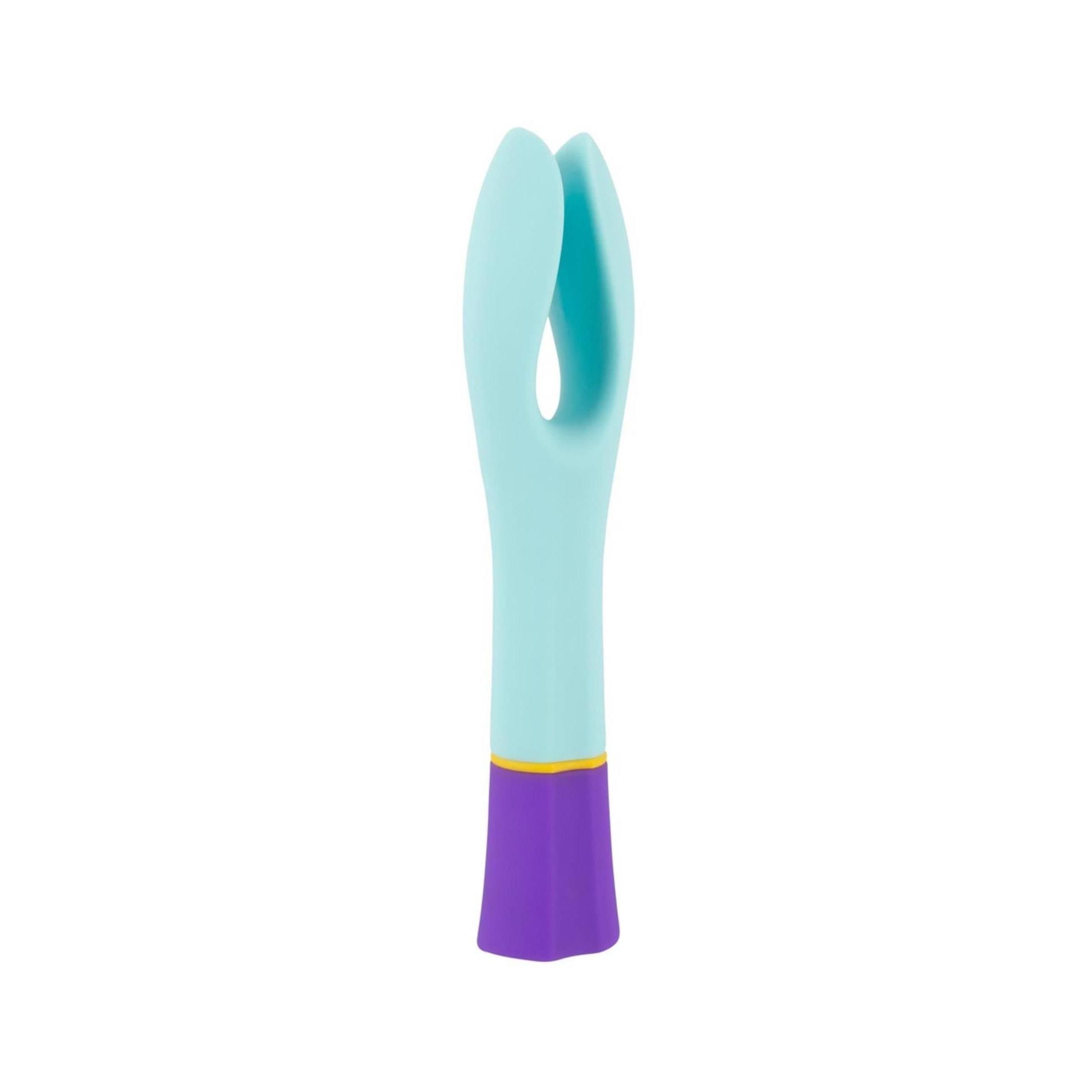 Hellblau-lila Vibrator mit zwei Motoren. Der Vibrator hat eine U-Form mit einem lila Griff und einem gelben Akzent.