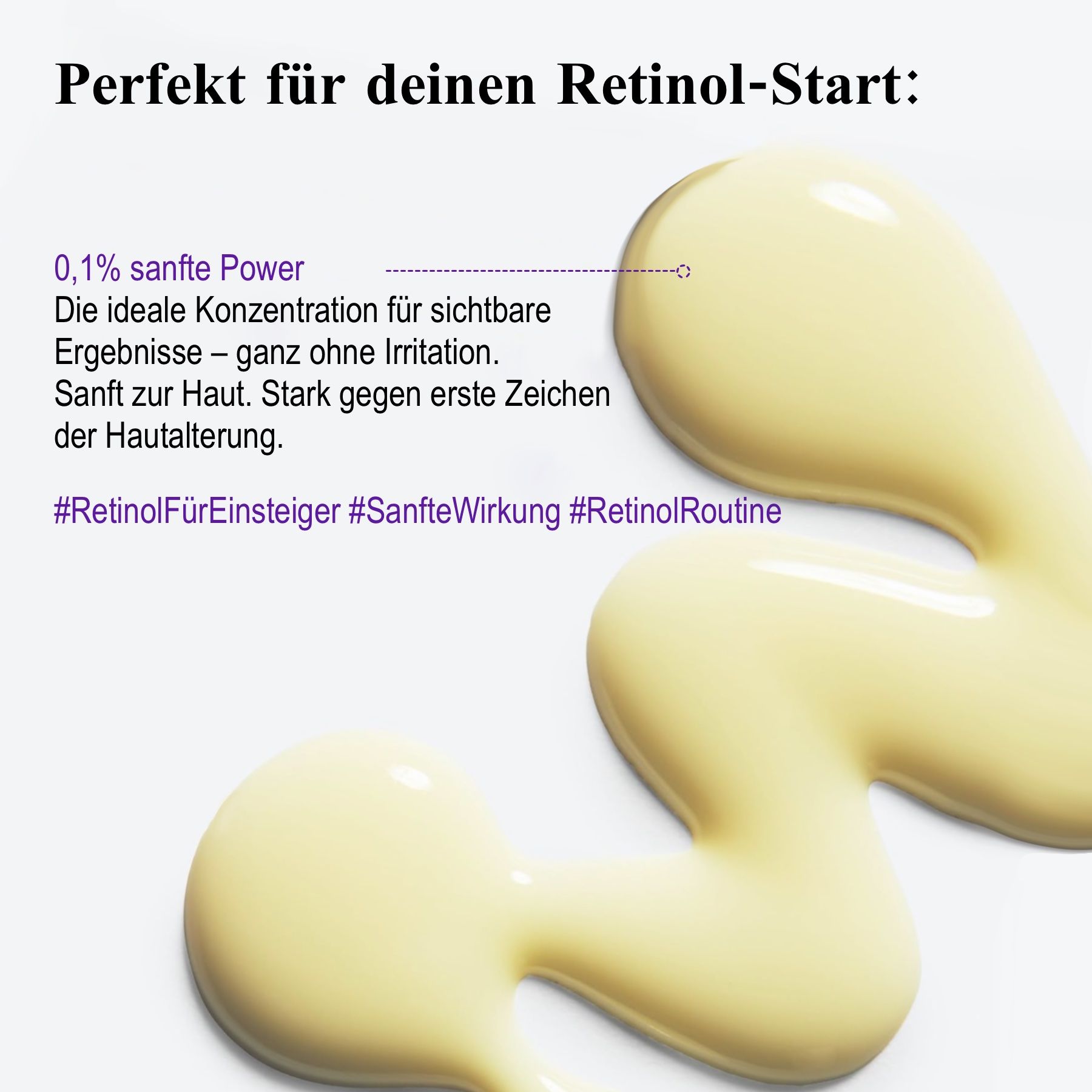 Text über die ideale Konzentration. Serum-Tropfen auf weißem Hintergrund. Aufschrift: Retinol Intense Reactivating Serum.