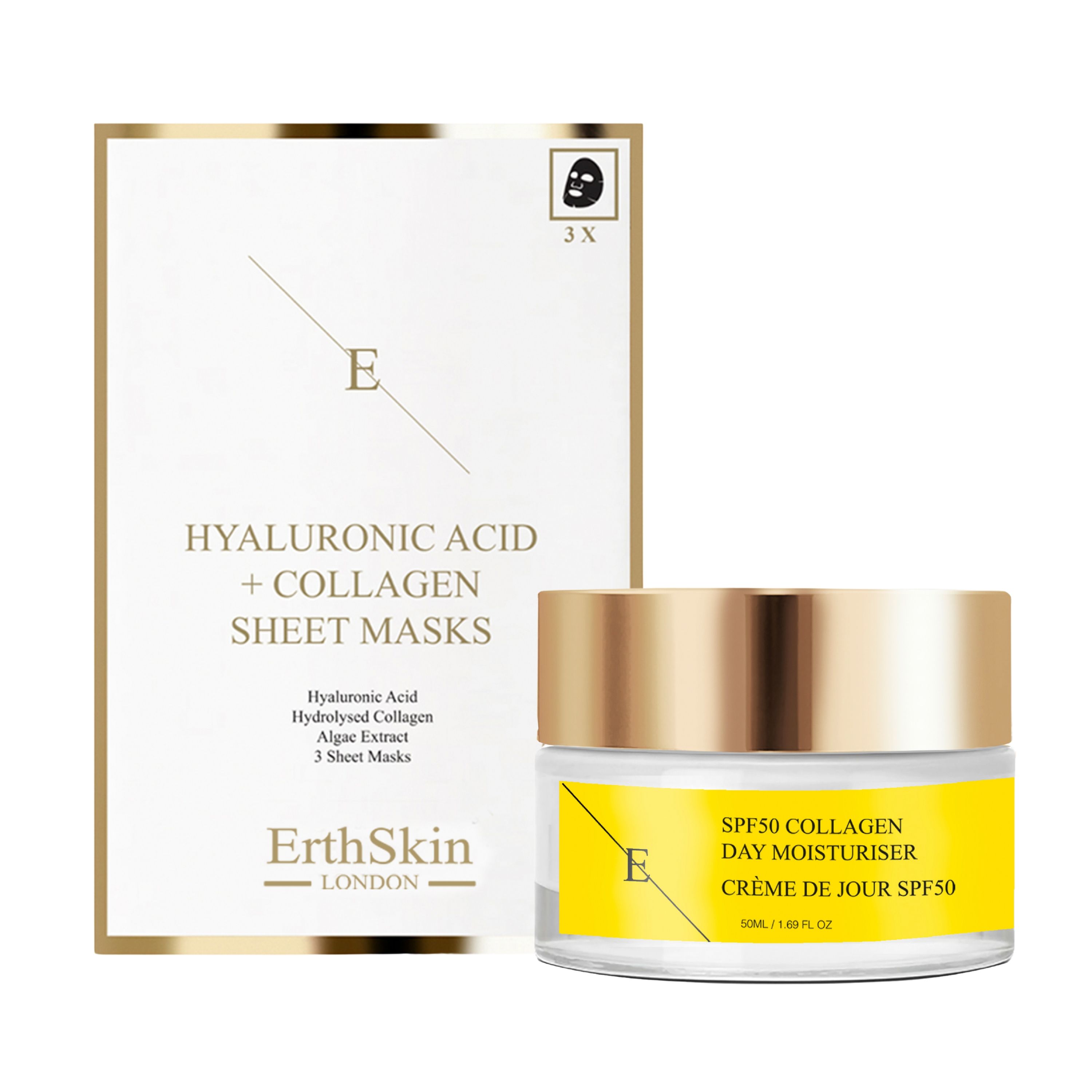 Creme- und Maskenverpackung. Aufschrift: SPF50 Collagen Day Moisturiser. Maskenpackung mit 3 Stück. Marke: ErthSkin London.