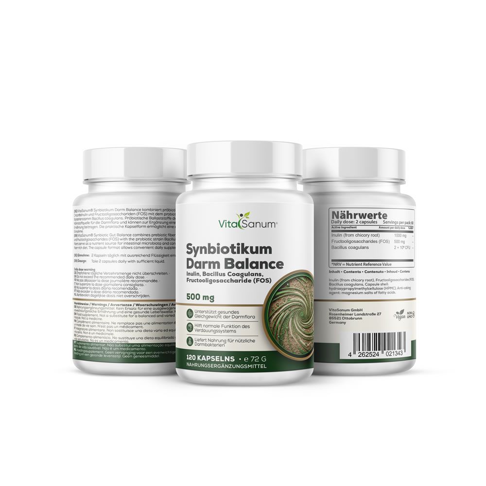 Drei Behälter VitaSanum Synbiotikum Darm Balance. Vorderer Behälter zeigt Etikett mit Produktnamen und Nährwertangaben.